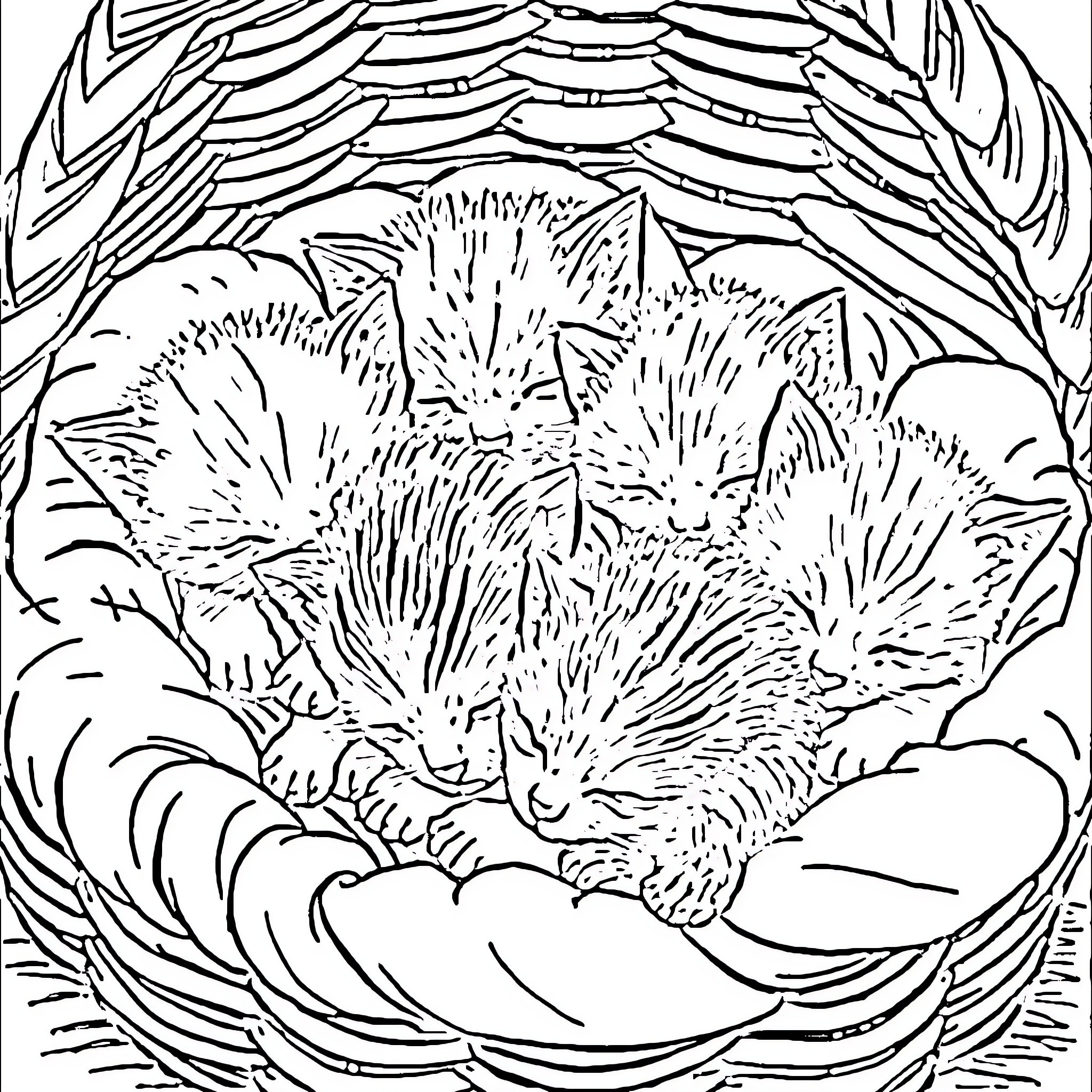 Kittens sleeping peacefully in cozy nest Coloring Page (free black-and-white line drawing printable PDF for all, from beginners to advanced learners, including children, teens, adults, and seniors)
