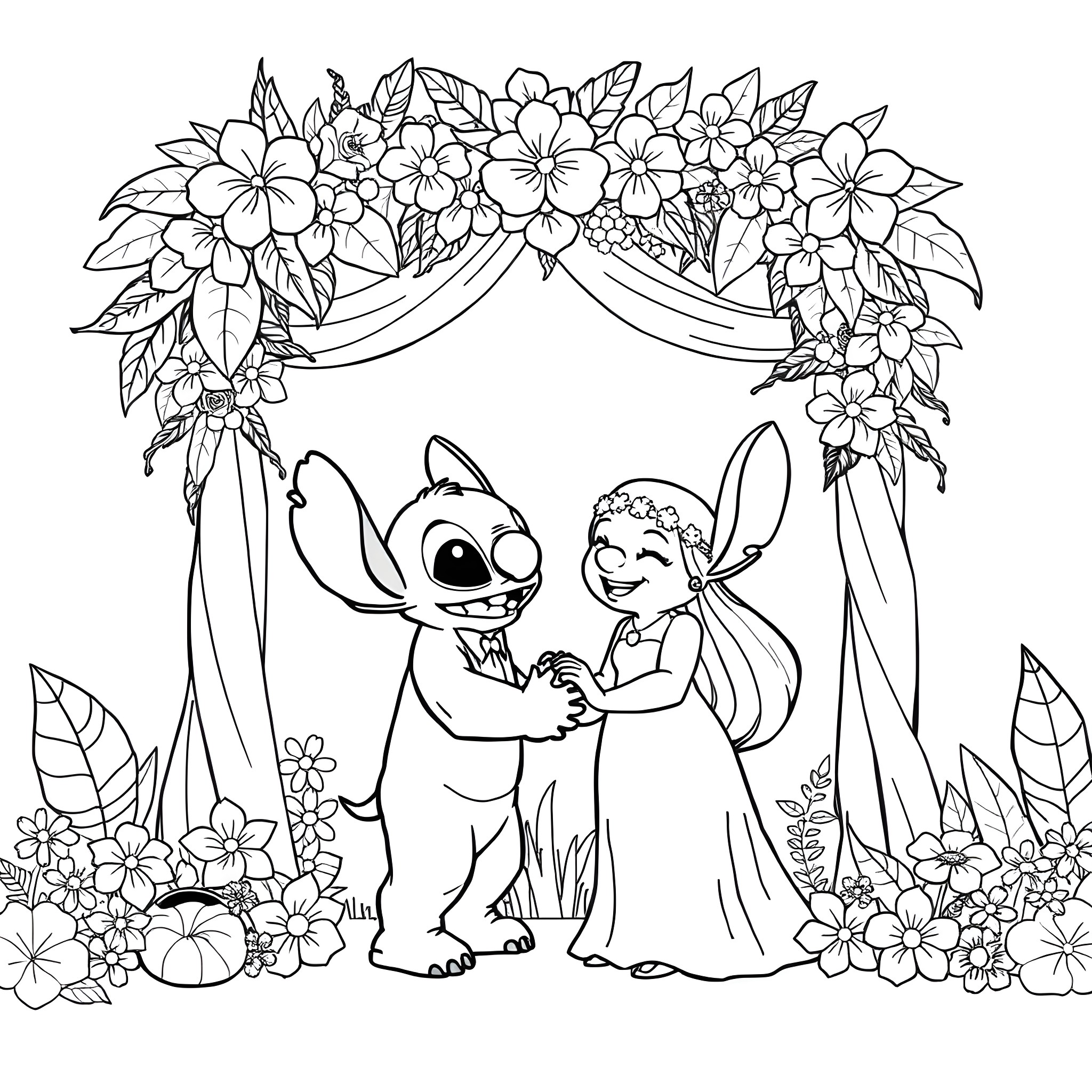 Stitch and Lilo sharing a magical moment in a floral paradise Coloring Page (free black-and-white line drawing printable PDF for all, from beginners to advanced learners, including children, teens, adults, and seniors)
