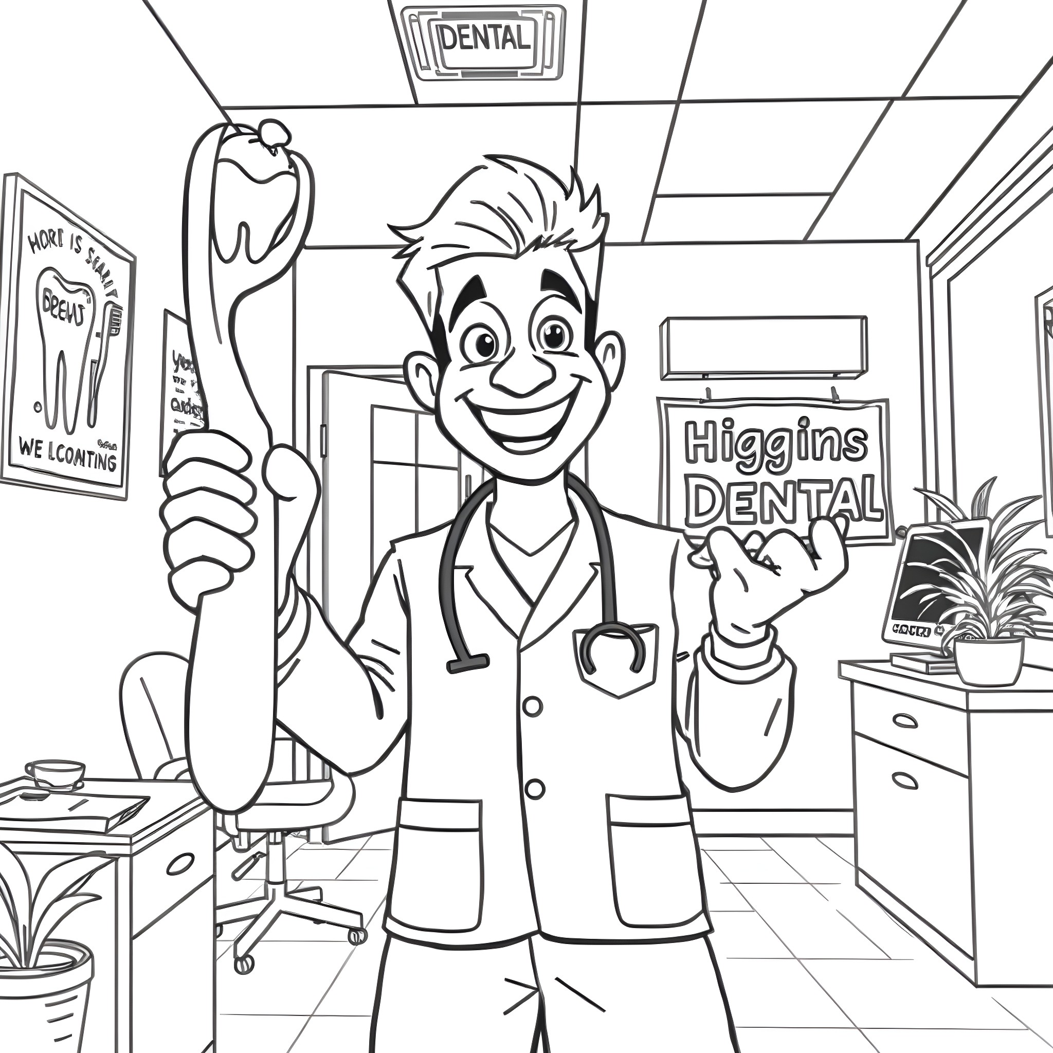 Dentist with big smile in dental office Coloring Page (free black-and-white line drawing printable PDF for all, from beginners to advanced learners, including children, teens, adults, and seniors)
