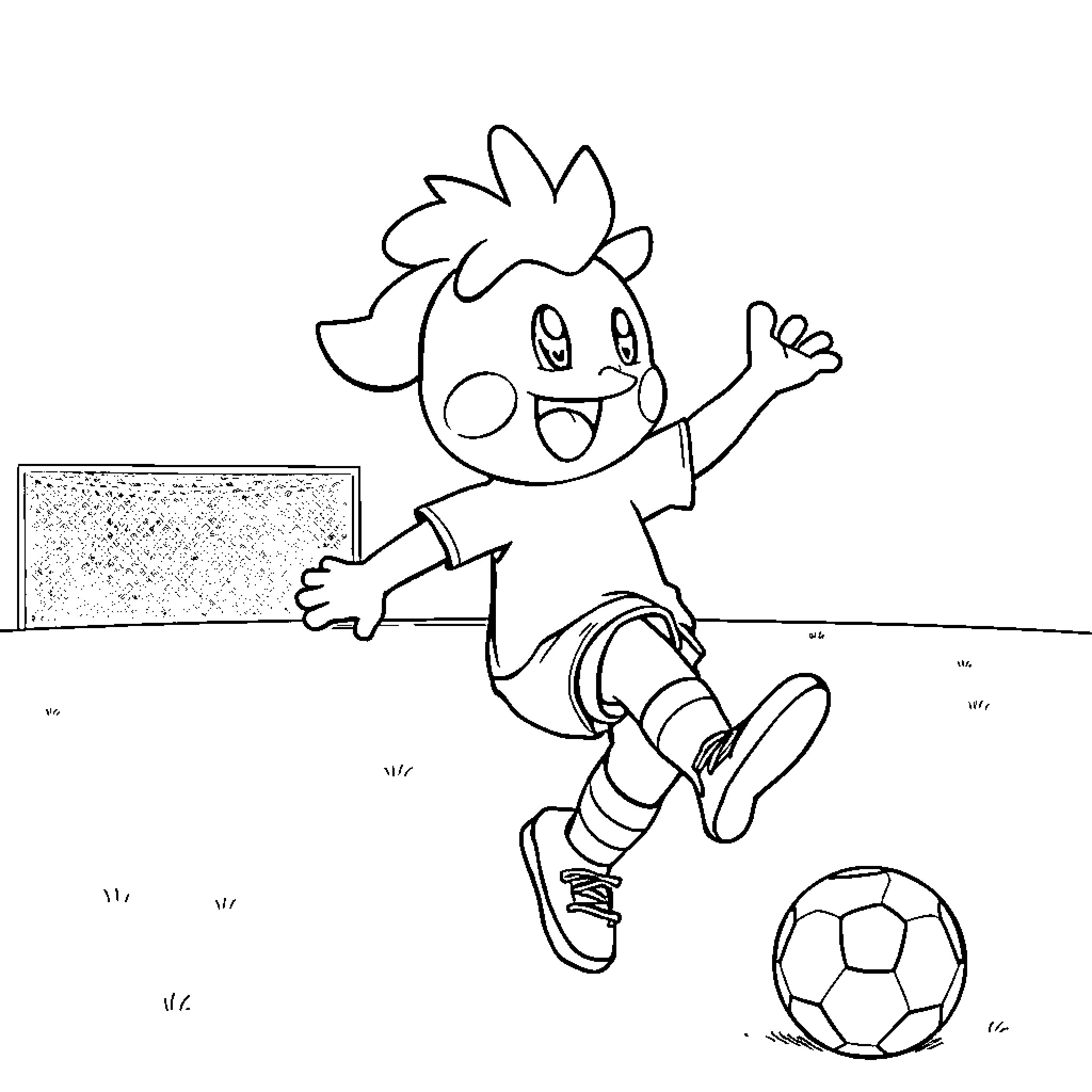 Dande playfully kicks soccer ball on field Coloring Page (free black-and-white line drawing printable PDF for all, from beginners to advanced learners, including children, teens, adults, and seniors)