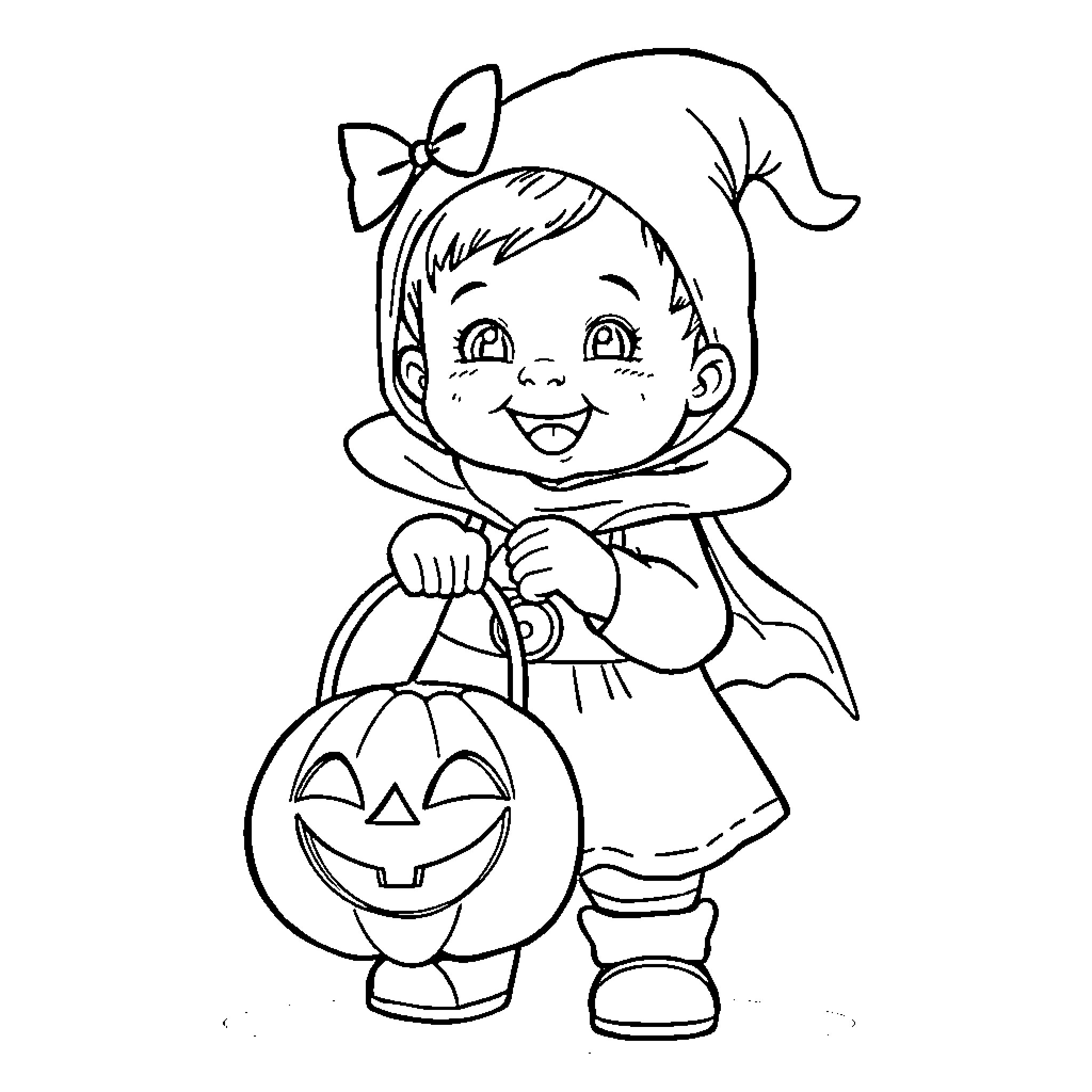 Toddler dressed in Halloween costume holding pumpkin basket Coloring Page (free black-and-white line drawing printable PDF for all, from beginners to advanced learners, including children, teens, adults, and seniors)