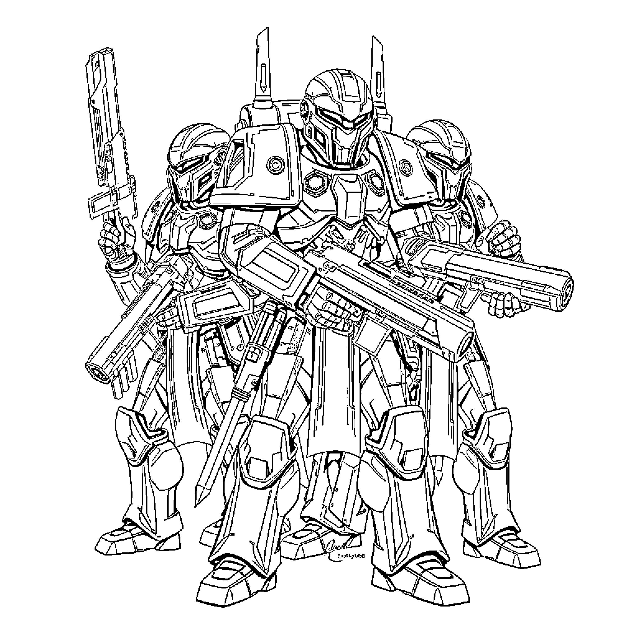 Tau Mech Warrior Battle-Ready Formation Coloring Page (free black-and-white line drawing printable PDF for all, from beginners to advanced learners, including children, teens, adults, and seniors)