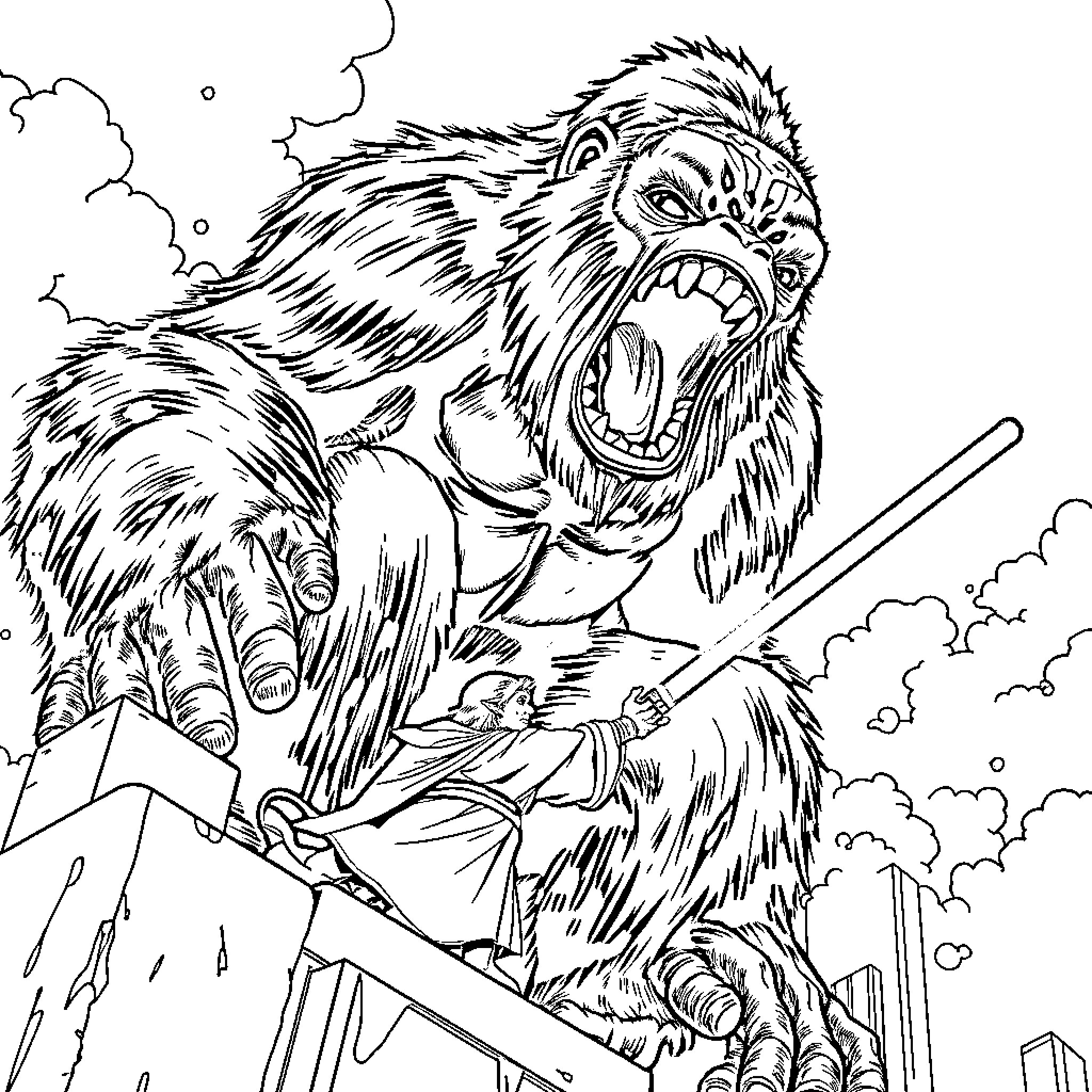 Yoda-like Creature Roaring in a Stormy City Coloring Page (free black-and-white line drawing printable PDF for all, from beginners to advanced learners, including children, teens, adults, and seniors)