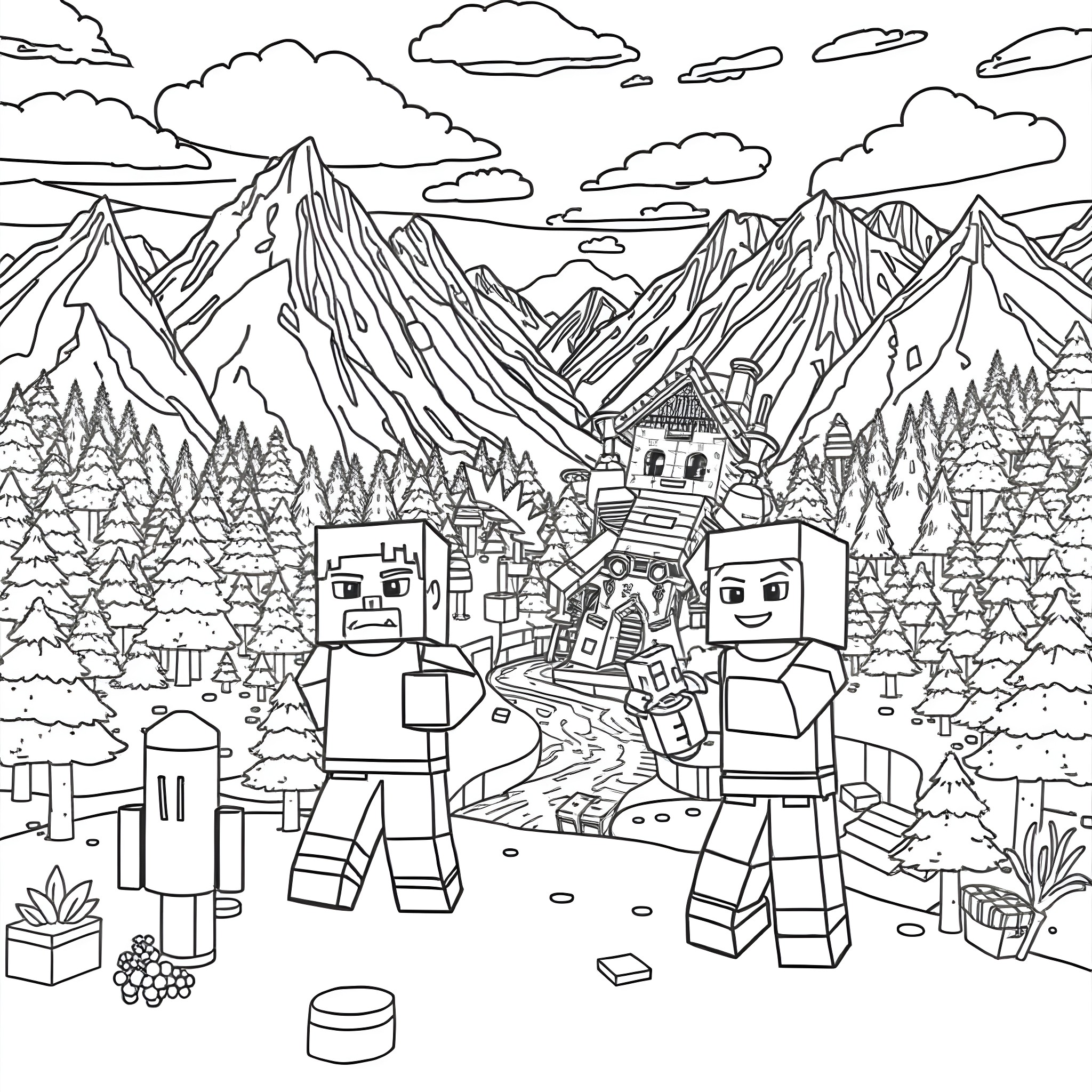 Minecraft Character exploring a scenic mountain landscape Coloring Page (free black-and-white line drawing printable PDF for all, from beginners to advanced learners, including children, teens, adults, and seniors)