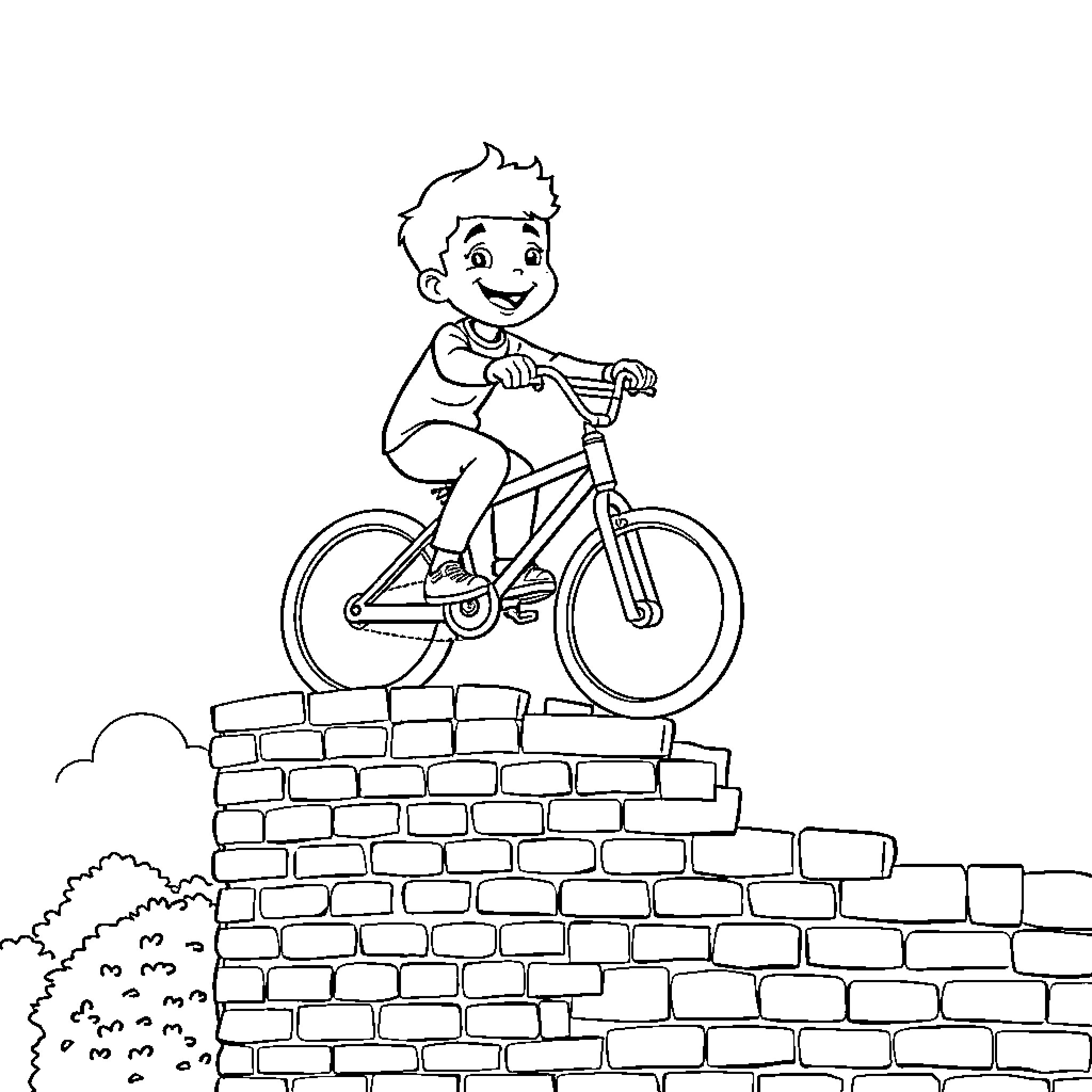 Boy riding bicycle on brick wall Coloring Page (free black-and-white line drawing printable PDF for all, from beginners to advanced learners, including children, teens, adults, and seniors)