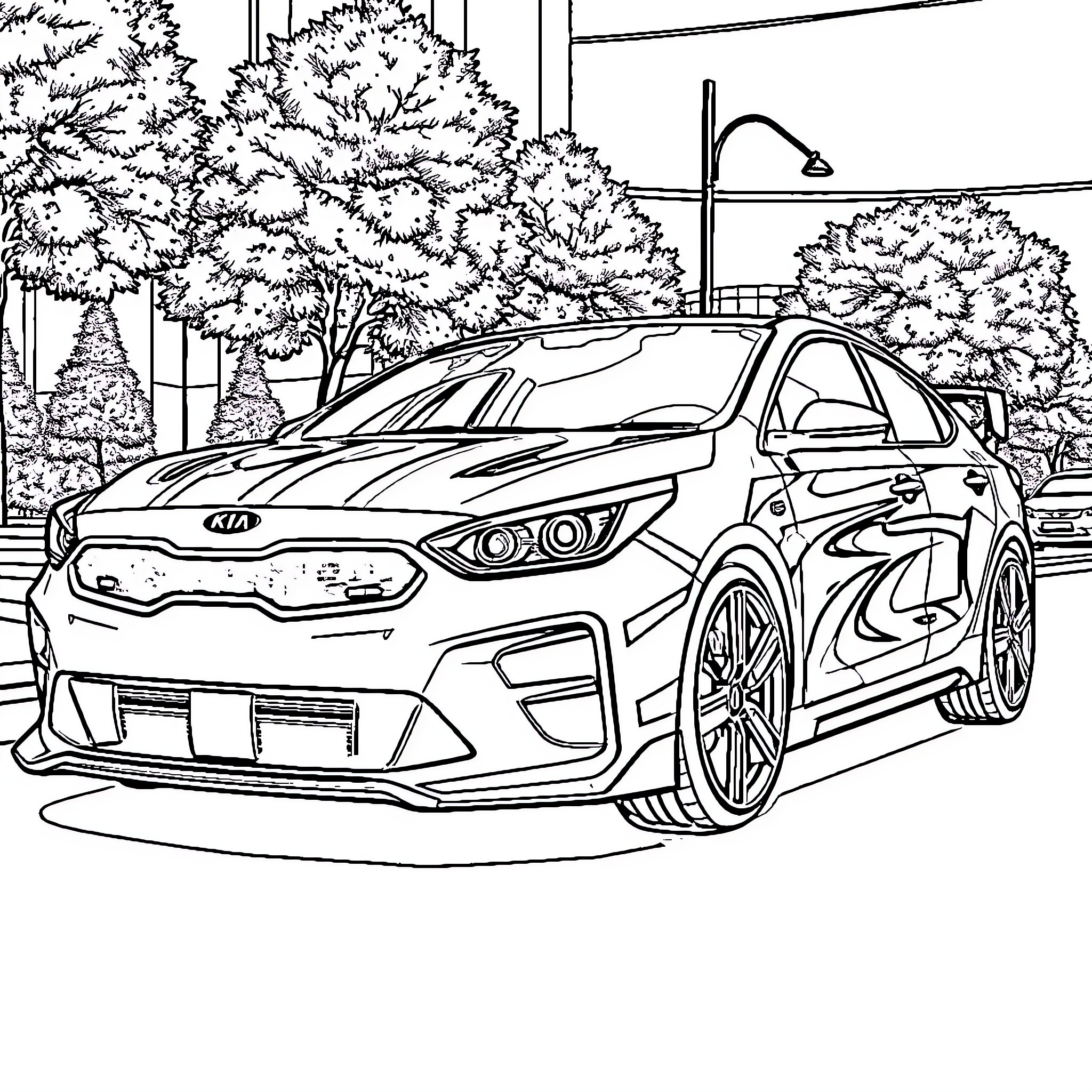 Kia Cerato GT in a stylish urban setting Coloring Page (free black-and-white line drawing printable PDF for all, from beginners to advanced learners, including children, teens, adults, and seniors)