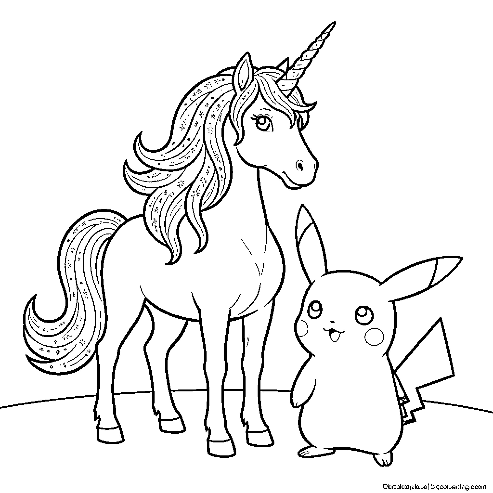 Unicorn standing peacefully next to a small creature Coloring Page (free black-and-white line drawing printable PDF for all, from beginners to advanced learners, including children, teens, adults, and seniors)