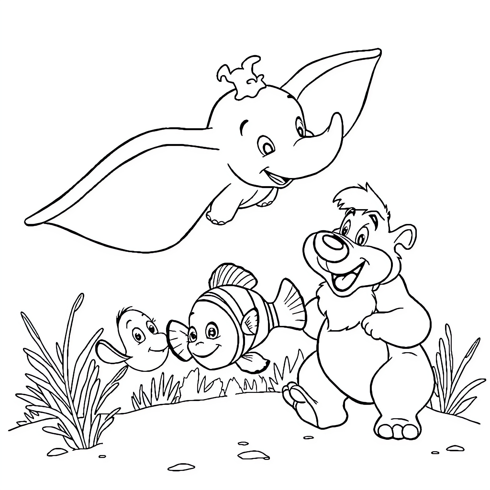 Dumbo and Friends Explore the Underwater World Coloring Page (free black-and-white line drawing printable PDF for all, from beginners to advanced learners, including children, teens, adults, and seniors)