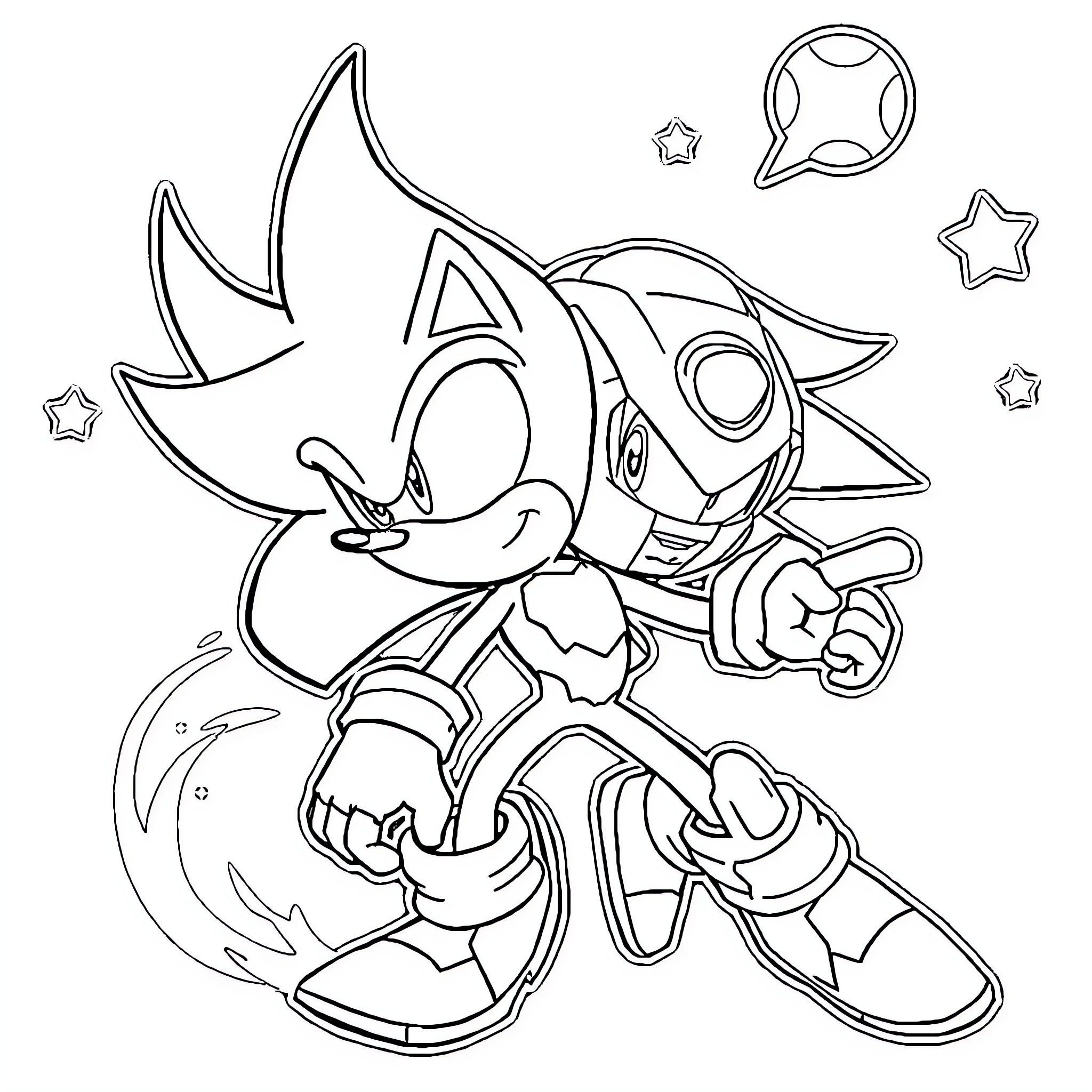 Superhero Hedgehog in Heroic Pose with Cosmic Elements Coloring Page (free black-and-white line drawing printable PDF for all, from beginners to advanced learners, including children, teens, adults, and seniors)