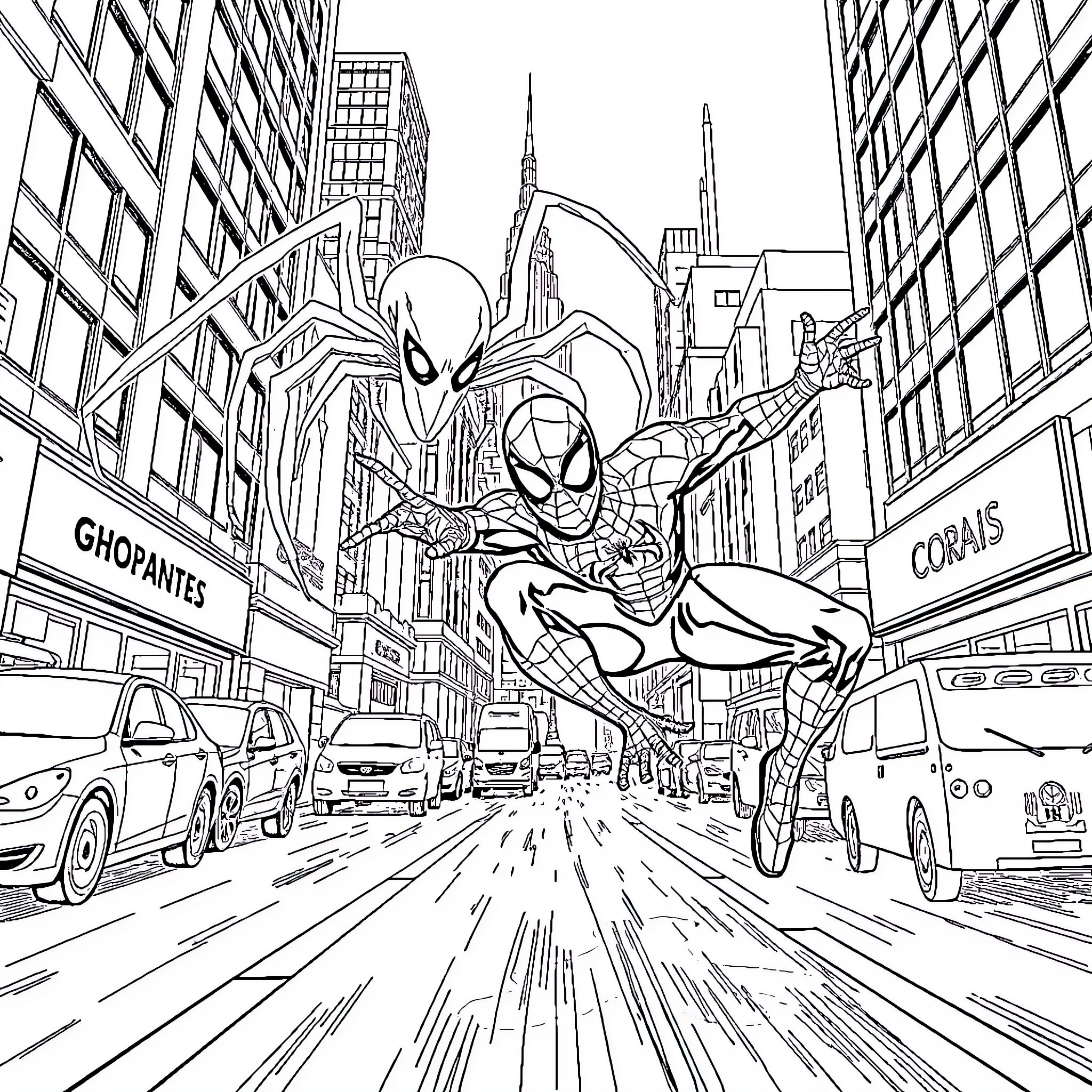 Spiderman swinging through the cityscape Coloring Page (free black-and-white line drawing printable PDF for all, from beginners to advanced learners, including children, teens, adults, and seniors)