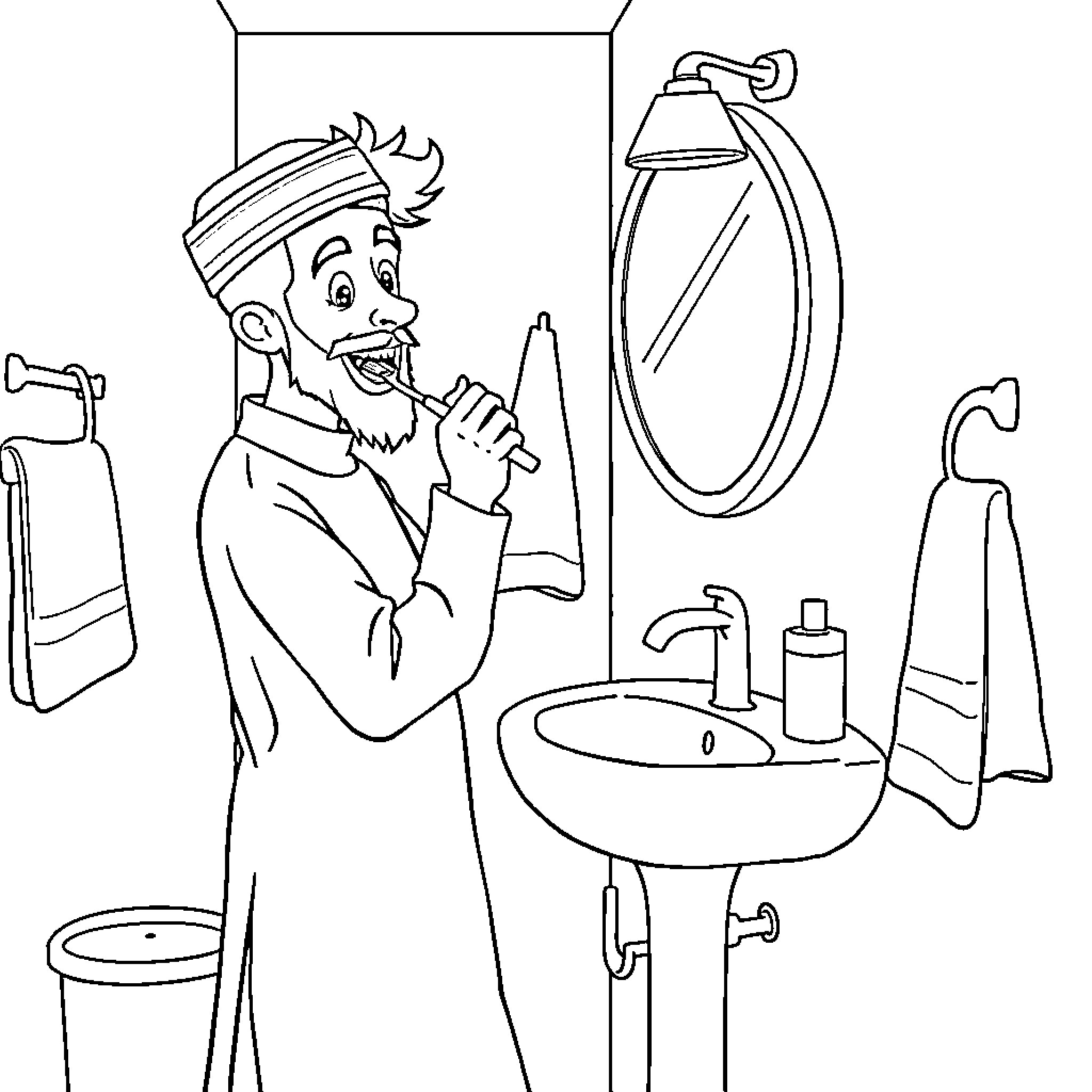 Ajen Ali getting ready in the bathroom Coloring Page (free black-and-white line drawing printable PDF for all, from beginners to advanced learners, including children, teens, adults, and seniors)