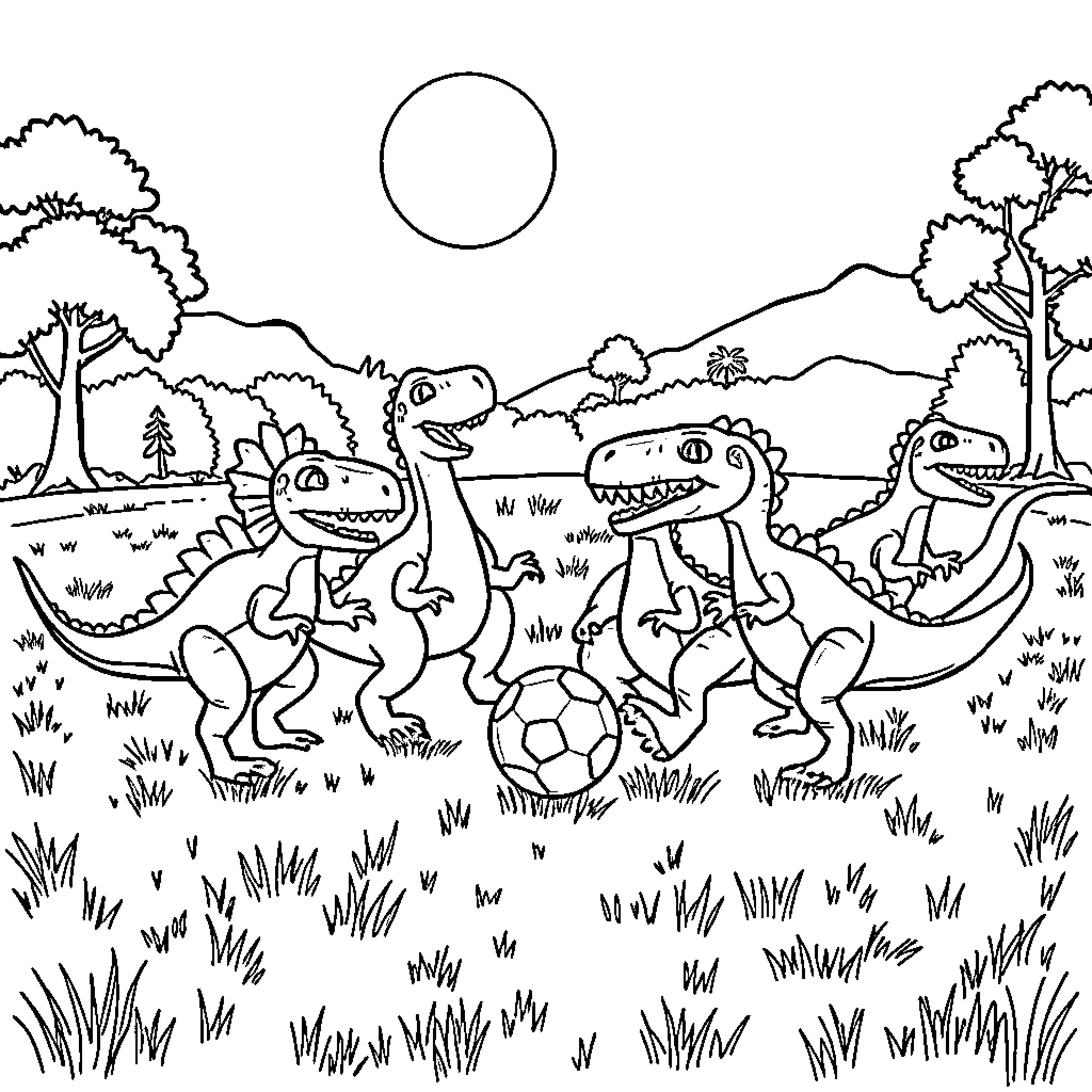 Dinosaurs playing joyfully in the wild Coloring Page (free black-and-white line drawing printable PDF for all, from beginners to advanced learners, including children, teens, adults, and seniors)
