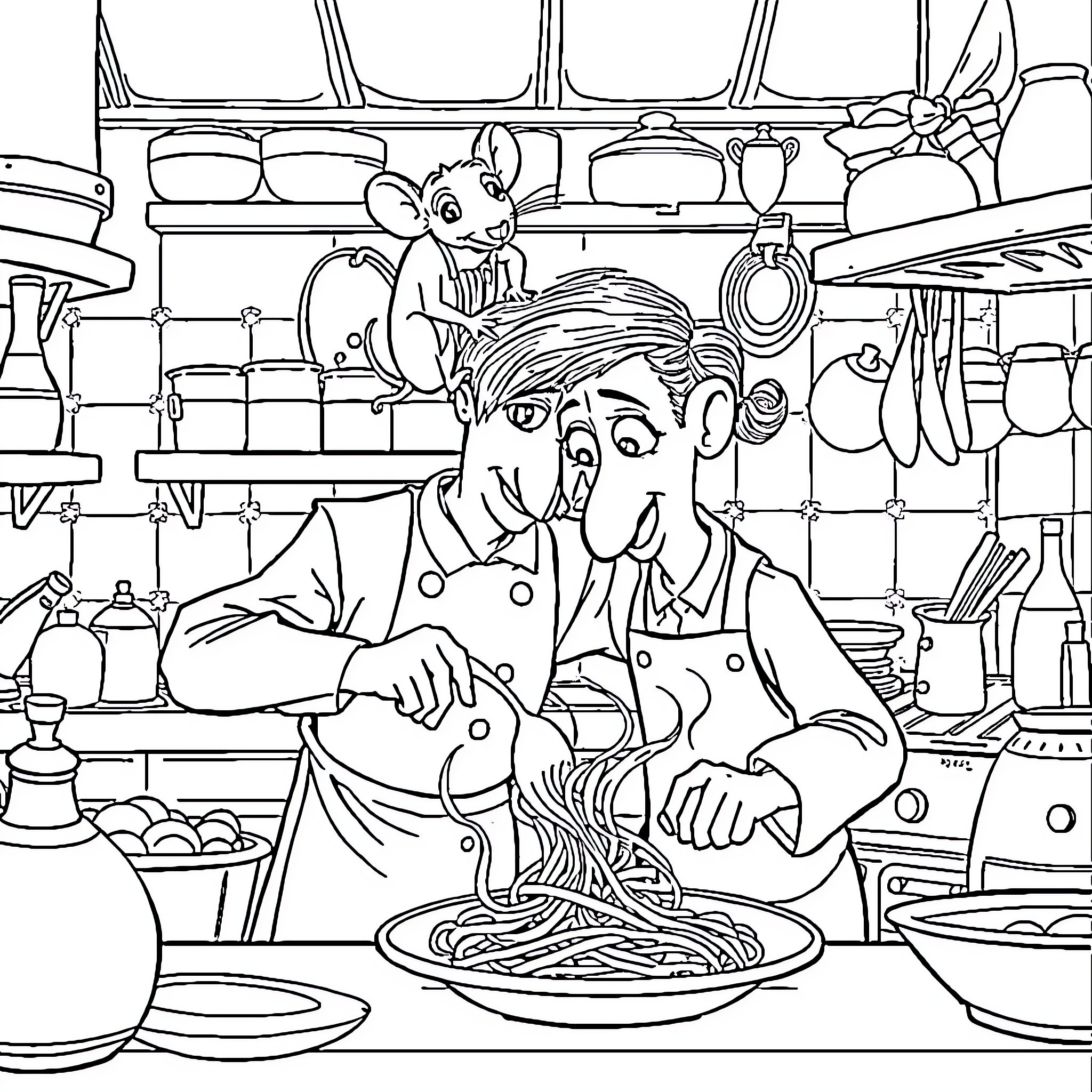 Remi's Lively Kitchen Adventure Coloring Page (free black-and-white line drawing printable PDF for all, from beginners to advanced learners, including children, teens, adults, and seniors)