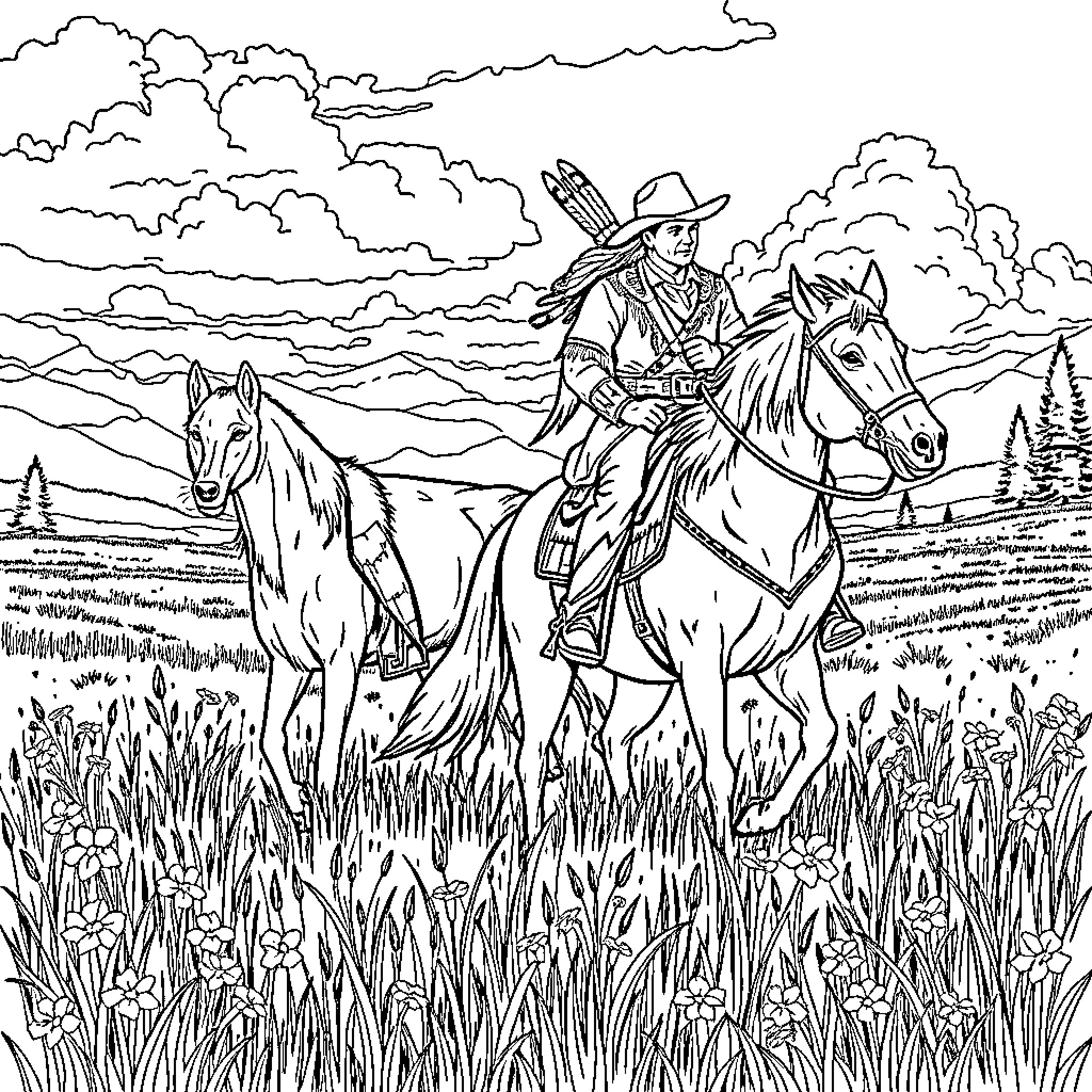 Cowboy riding horseback through scenic landscape Coloring Page (free black-and-white line drawing printable PDF for all, from beginners to advanced learners, including children, teens, adults, and seniors)