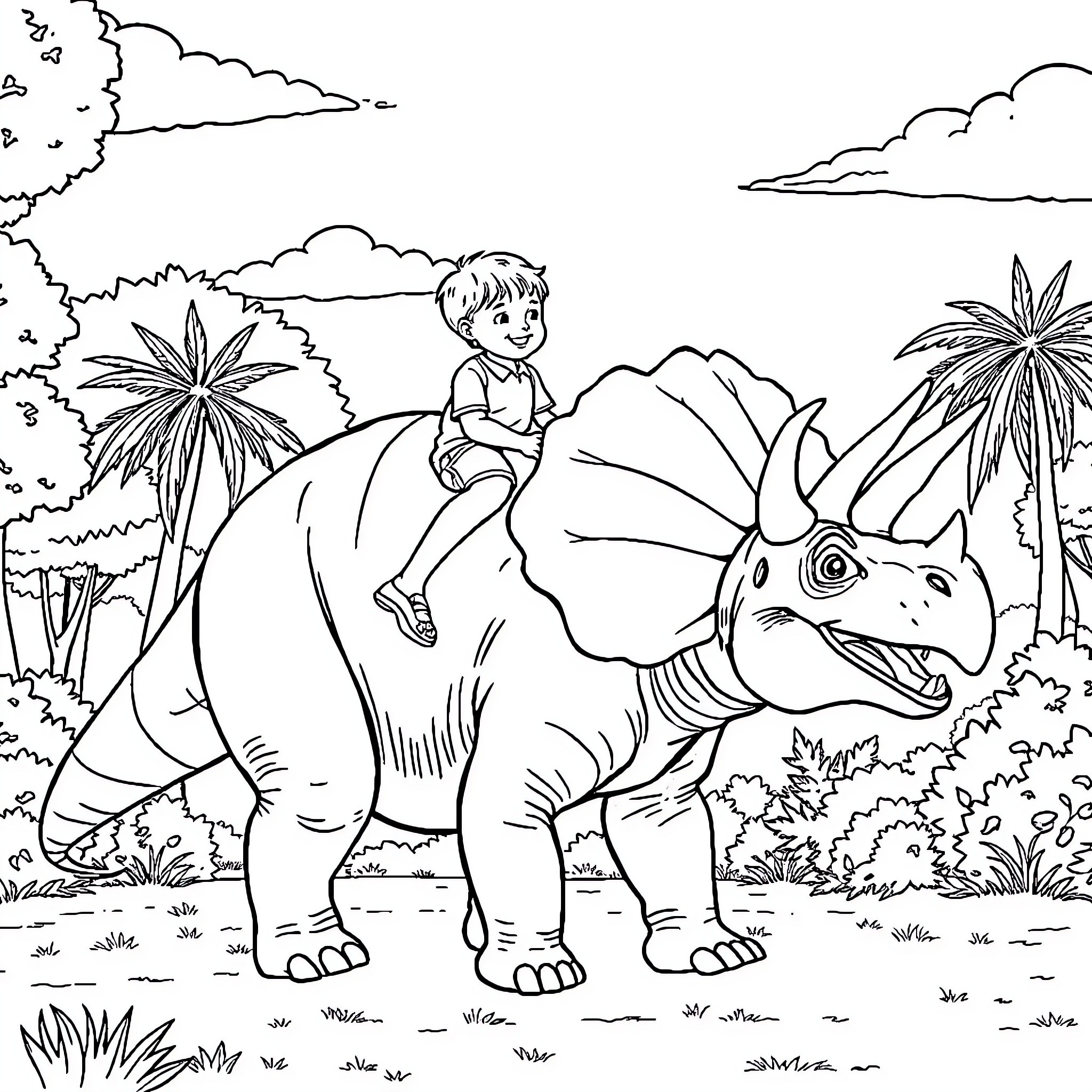 Triceratops adventure with a child in the prehistoric landscape Coloring Page (free black-and-white line drawing printable PDF for all, from beginners to advanced learners, including children, teens, adults, and seniors)
