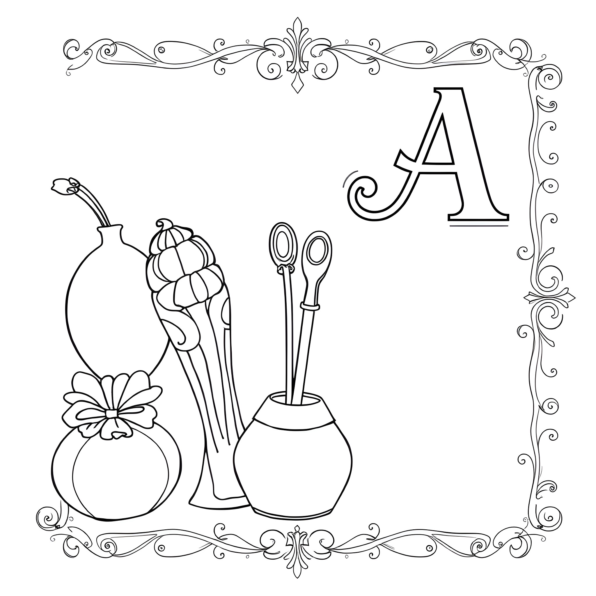 Letter A with ornate frame and household objects Coloring Page (free black-and-white line drawing printable PDF for all, from beginners to advanced learners, including children, teens, adults, and seniors)