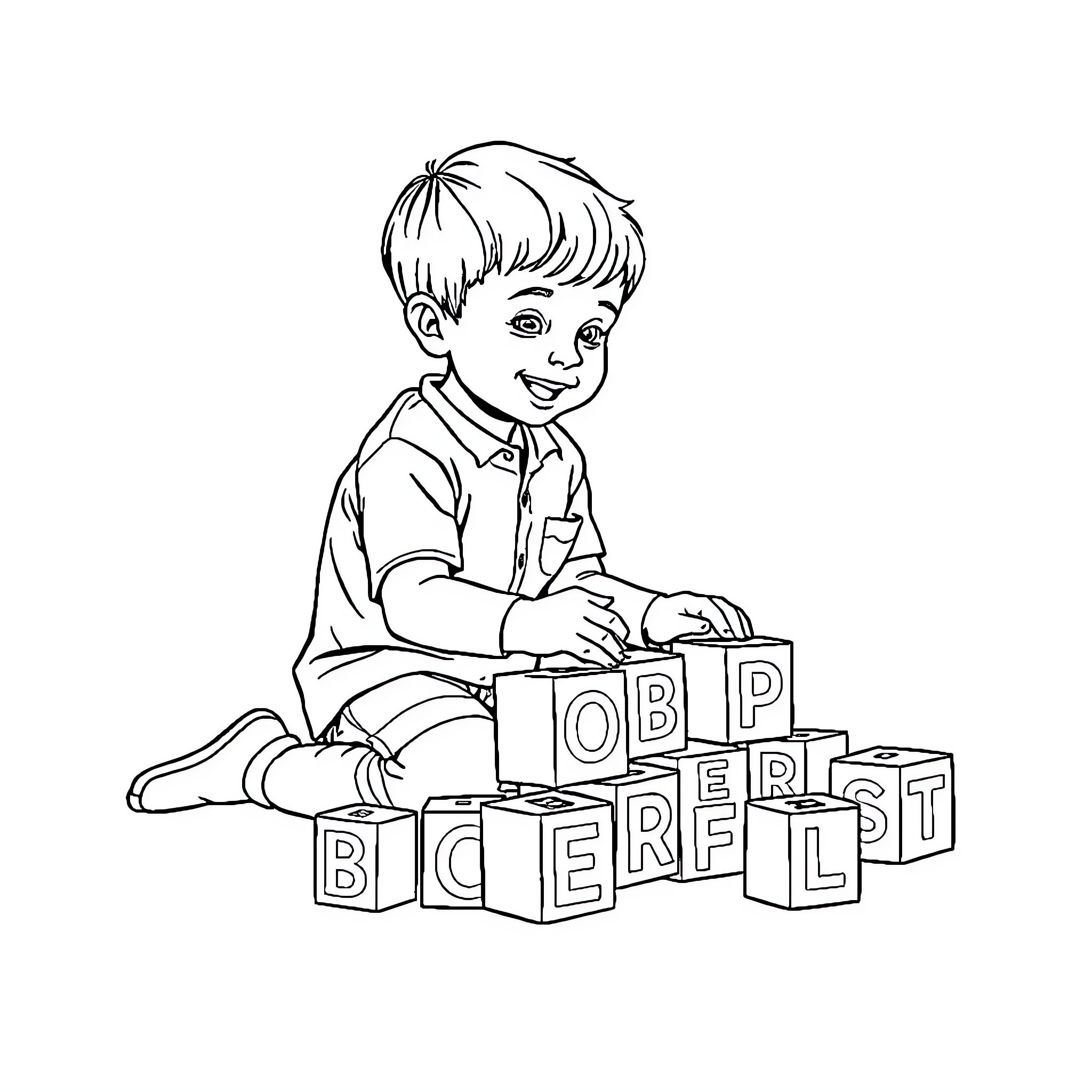 Boy Playing with Building Blocks Happily Coloring Page (free black-and-white line drawing printable PDF for all, from beginners to advanced learners, including children, teens, adults, and seniors)