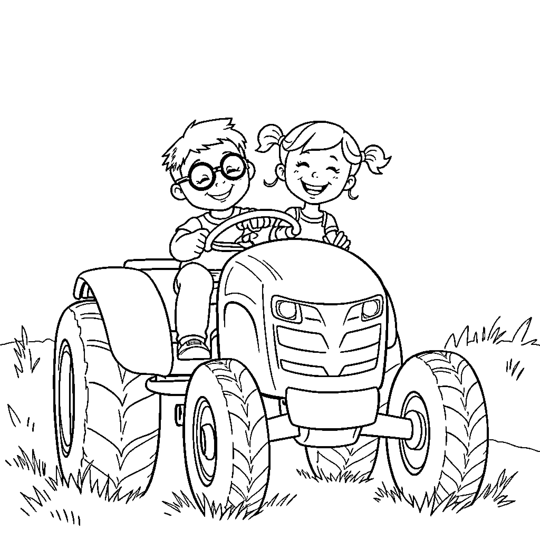 Tractor ride with happy kids Coloring Page (free black-and-white line drawing printable PDF for all, from beginners to advanced learners, including children, teens, adults, and seniors)