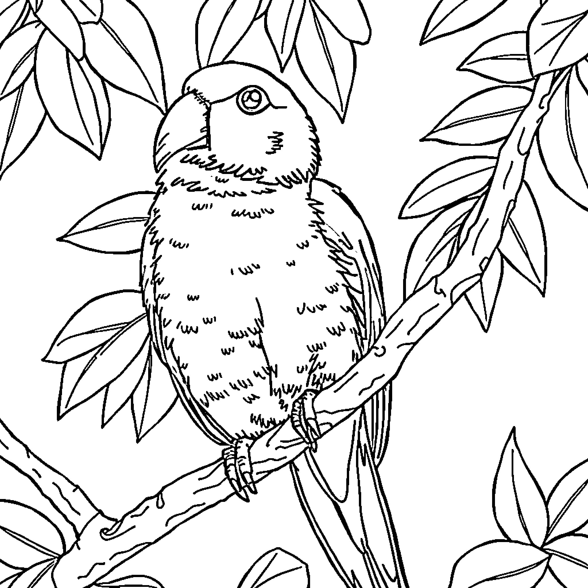 Parrot perching amidst lush foliage Coloring Page (free black-and-white line drawing printable PDF for all, from beginners to advanced learners, including children, teens, adults, and seniors)