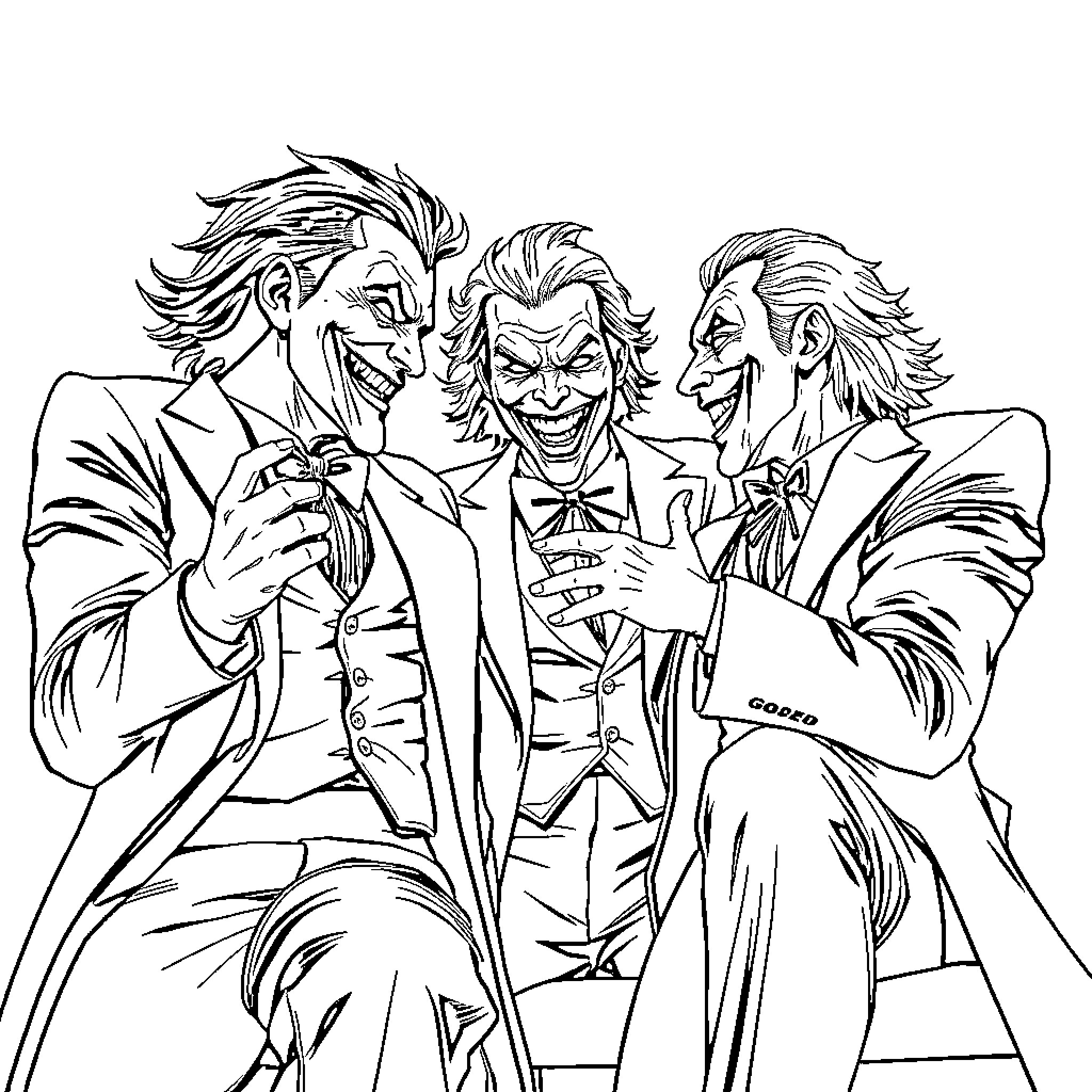 Joker and his companions in a sinister scene Coloring Page (free black-and-white line drawing printable PDF for all, from beginners to advanced learners, including children, teens, adults, and seniors)