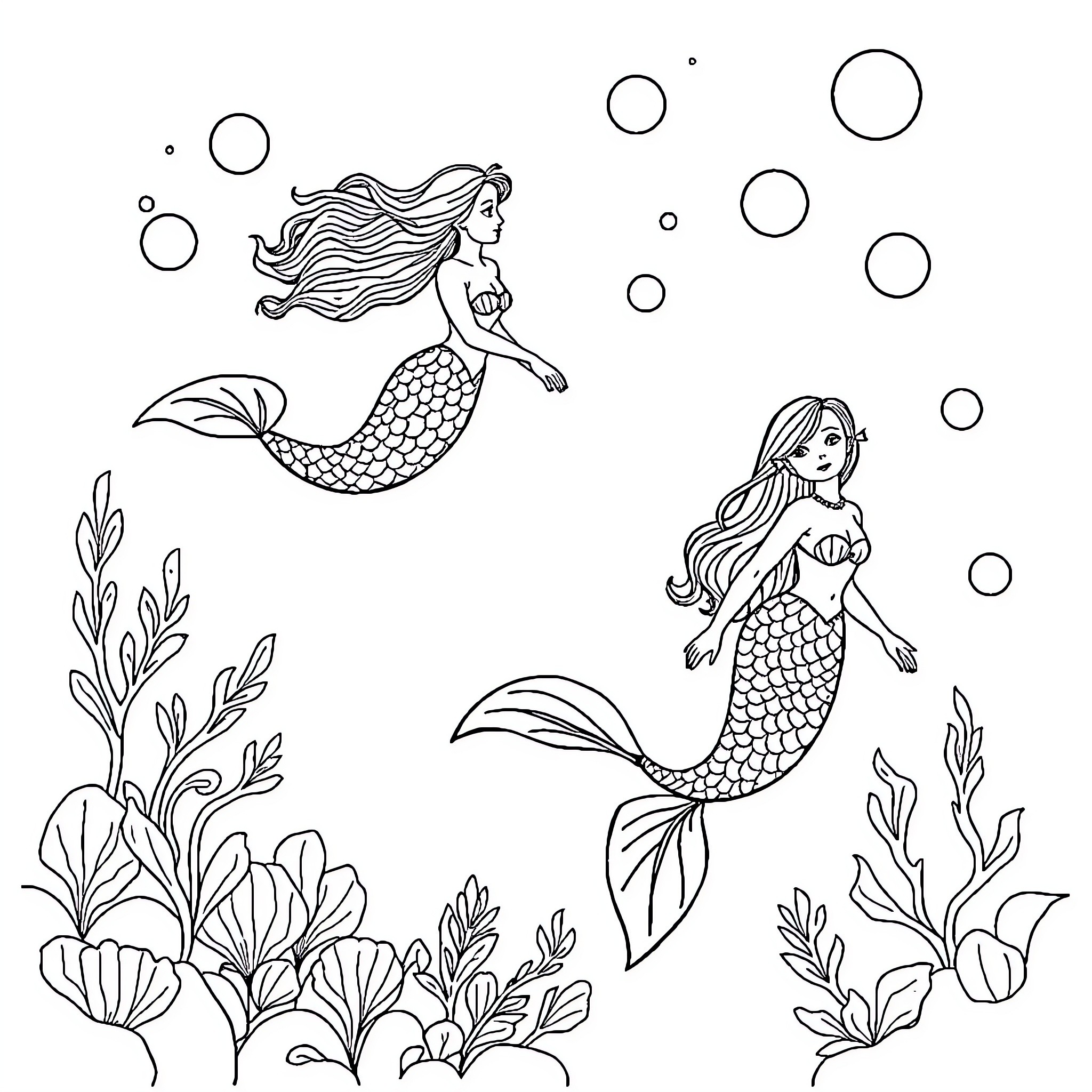 Mermaid swimming with bubbles in the underwater garden Coloring Page (free black-and-white line drawing printable PDF for all, from beginners to advanced learners, including children, teens, adults, and seniors)