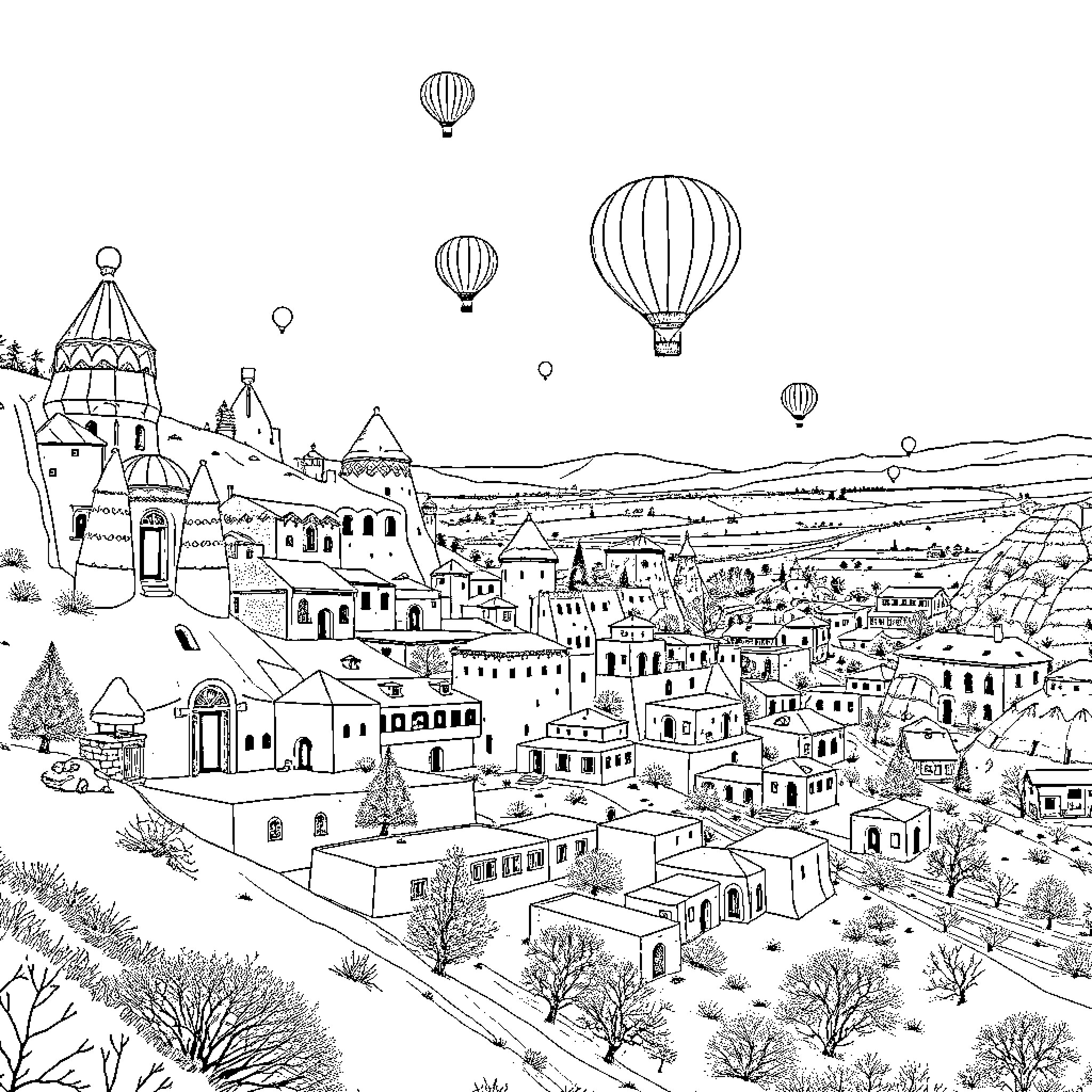 Cappadocia's Whimsical Balloon-Filled Landscape Coloring Page (free black-and-white line drawing printable PDF for all, from beginners to advanced learners, including children, teens, adults, and seniors)