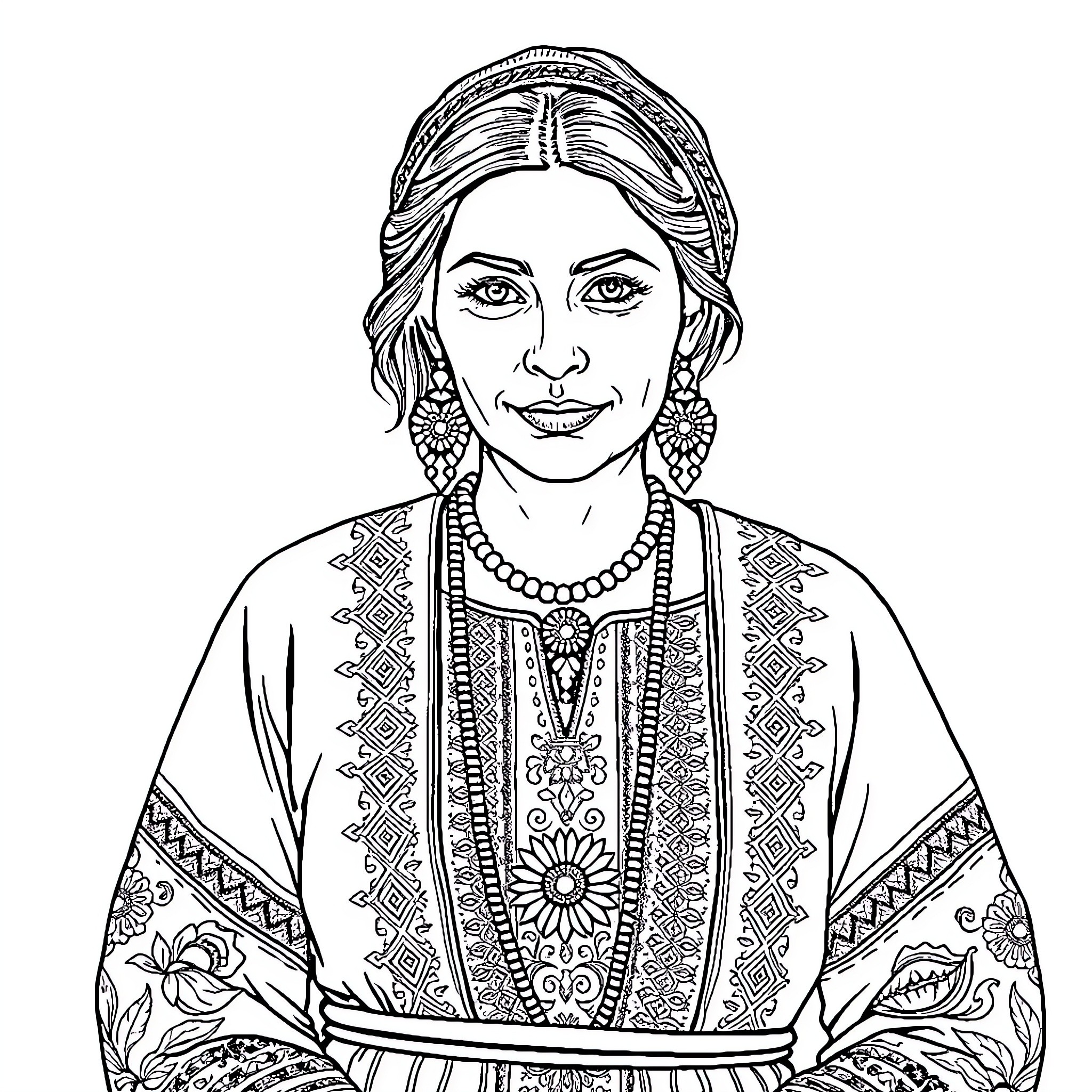 Woman in traditional ethnic attire with ornate patterns Coloring Page (free black-and-white line drawing printable PDF for all, from beginners to advanced learners, including children, teens, adults, and seniors)