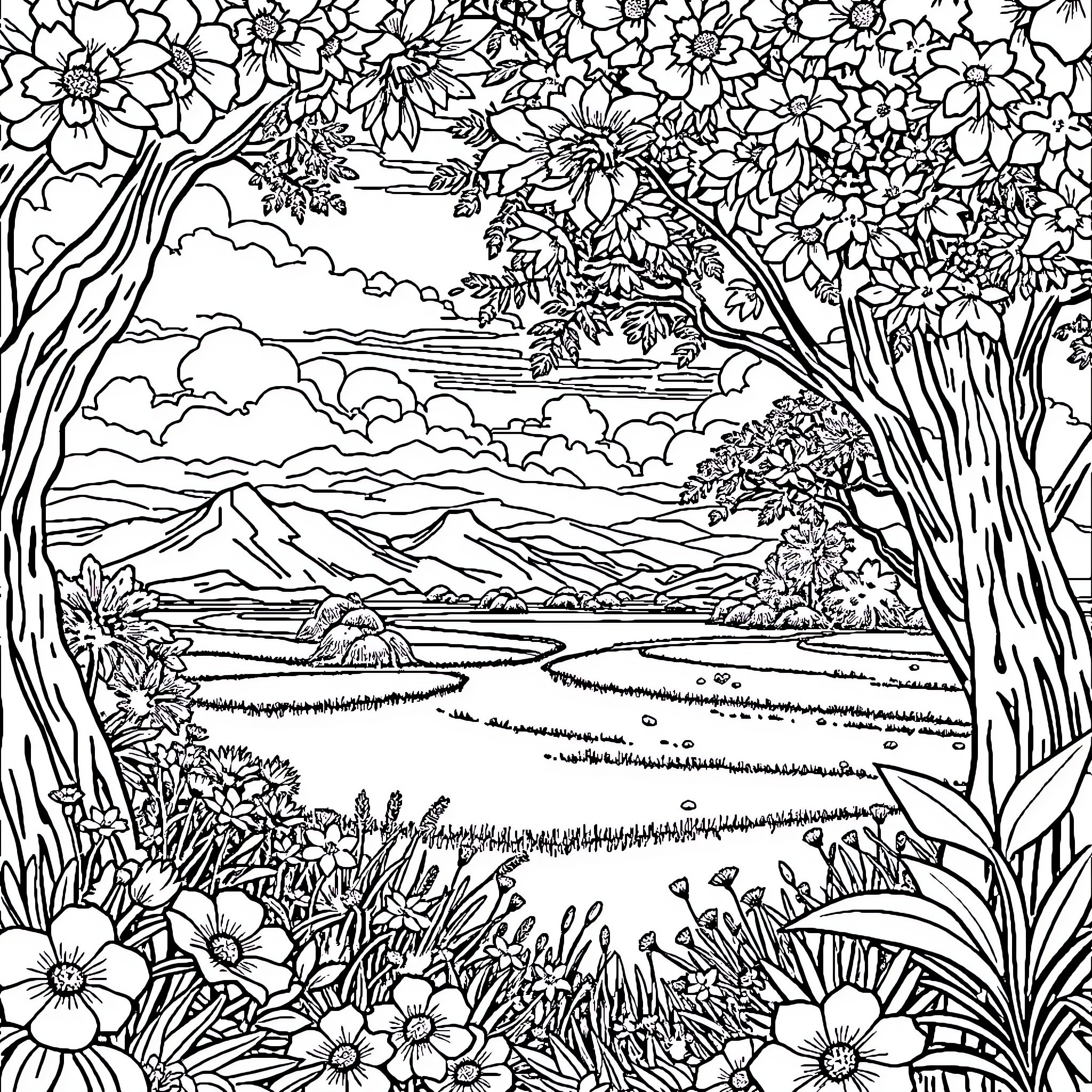 Countryside landscape with flowering plants and trees Coloring Page (free black-and-white line drawing printable PDF for all, from beginners to advanced learners, including children, teens, adults, and seniors)
