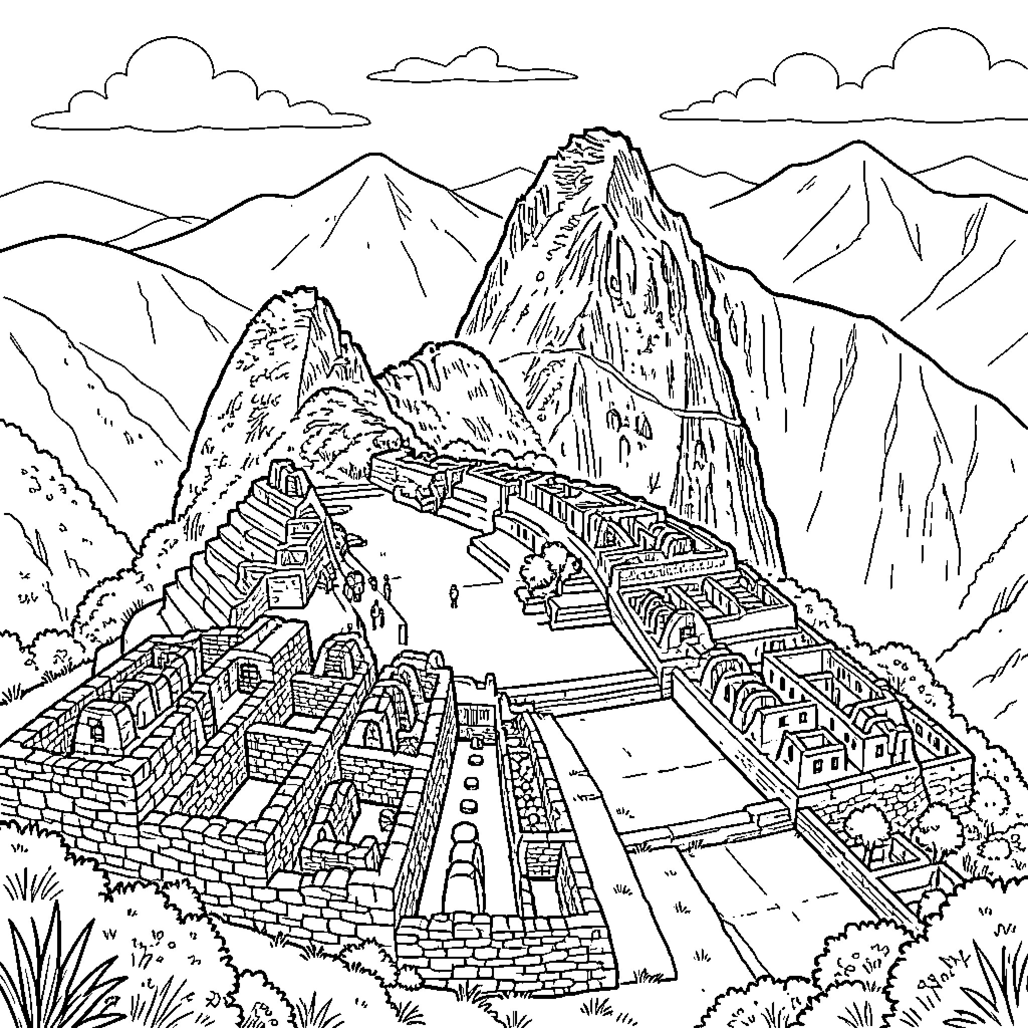Machu Picchu - Iconic Ruins in the Andes Mountains Coloring Page (free black-and-white line drawing printable PDF for all, from beginners to advanced learners, including children, teens, adults, and seniors)