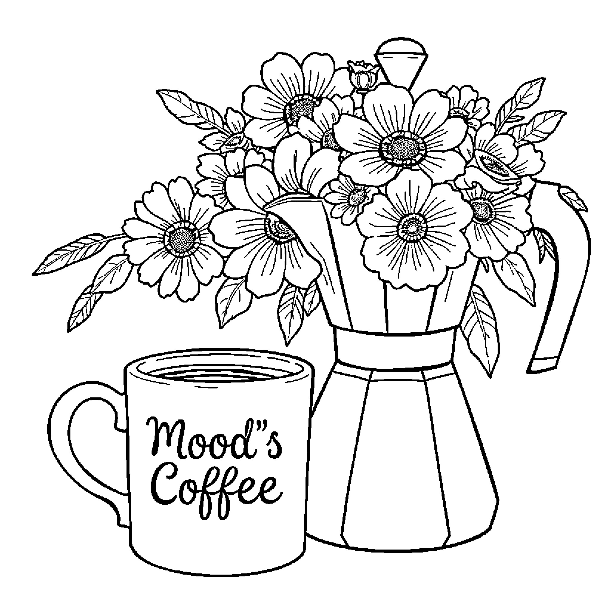Coffee Mug with Floral Arrangement Coloring Page (free black-and-white line drawing printable PDF for all, from beginners to advanced learners, including children, teens, adults, and seniors)