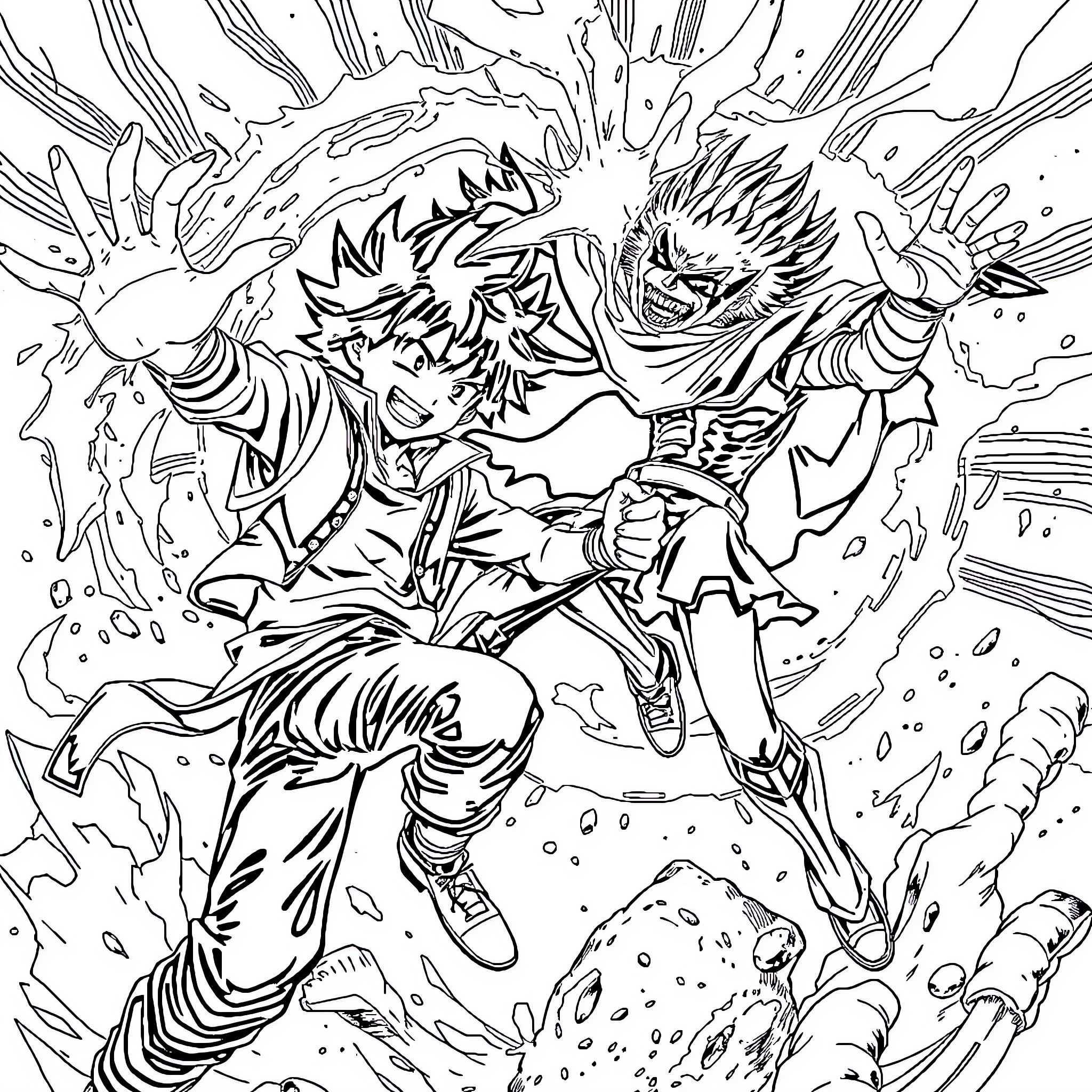 Deku's Powerful Heroic Stance Amidst Explosive Action Coloring Page (free black-and-white line drawing printable PDF for all, from beginners to advanced learners, including children, teens, adults, and seniors)