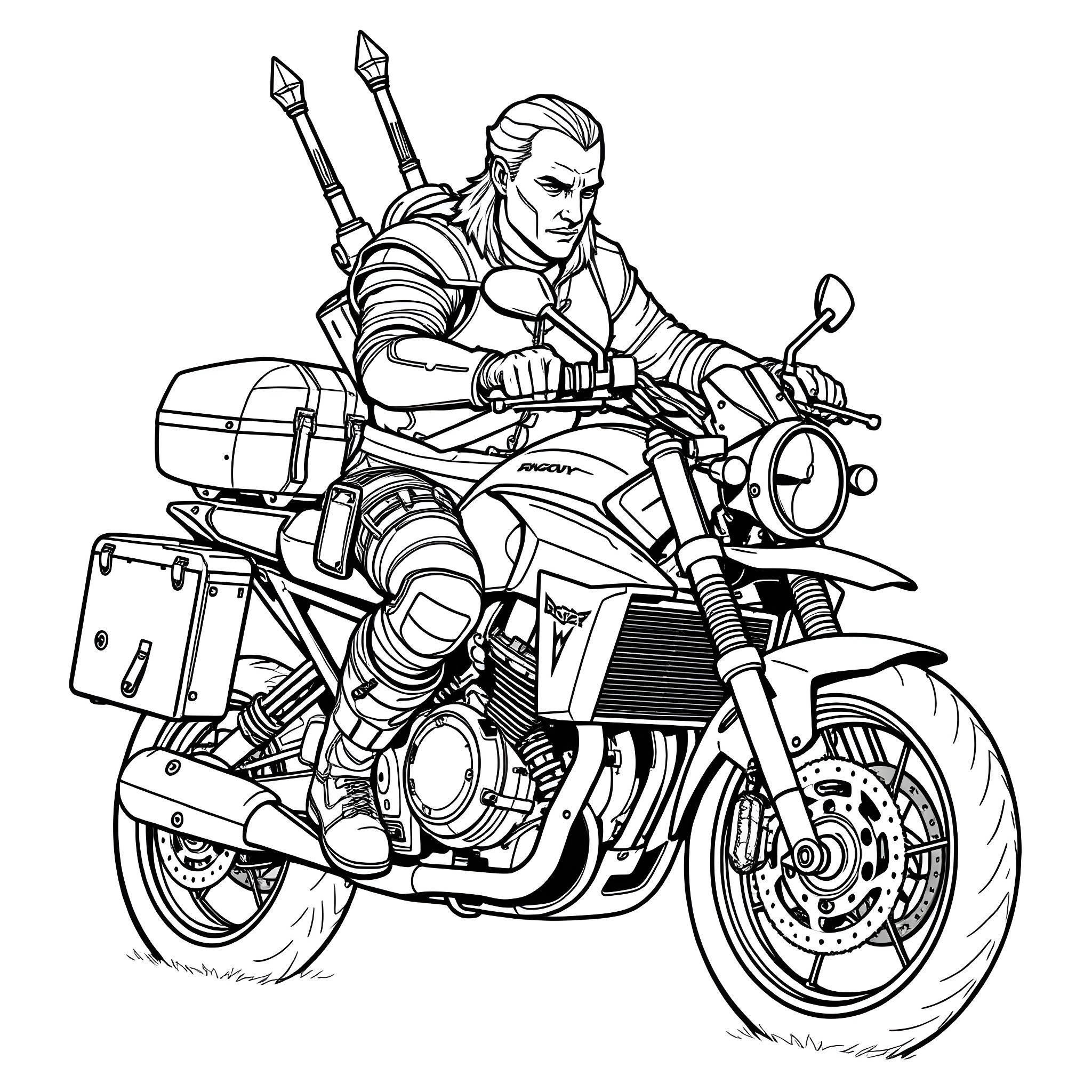 Geralt riding a powerful motorcycle on the road Coloring Page (free black-and-white line drawing printable PDF for all, from beginners to advanced learners, including children, teens, adults, and seniors)