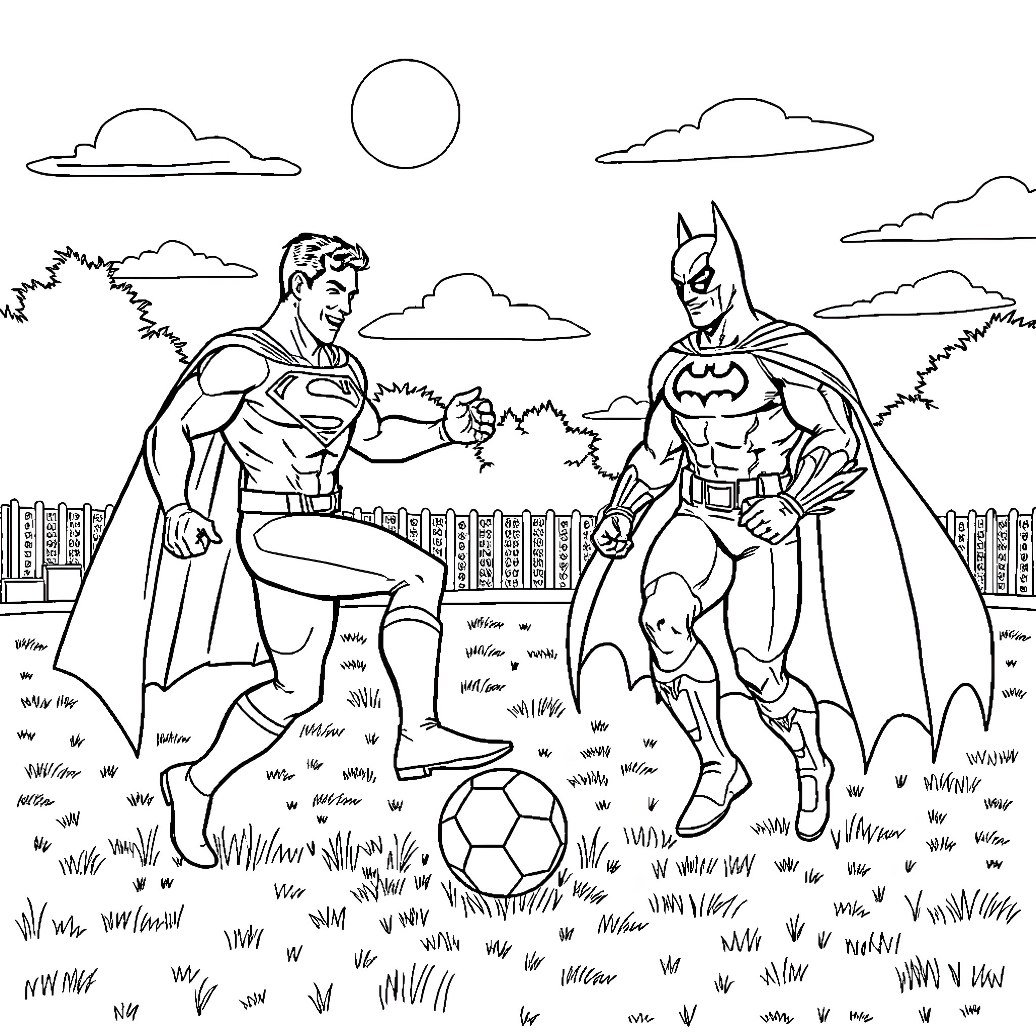 Superman and Batman playing soccer in the city Coloring Page (free black-and-white line drawing printable PDF for all, from beginners to advanced learners, including children, teens, adults, and seniors)