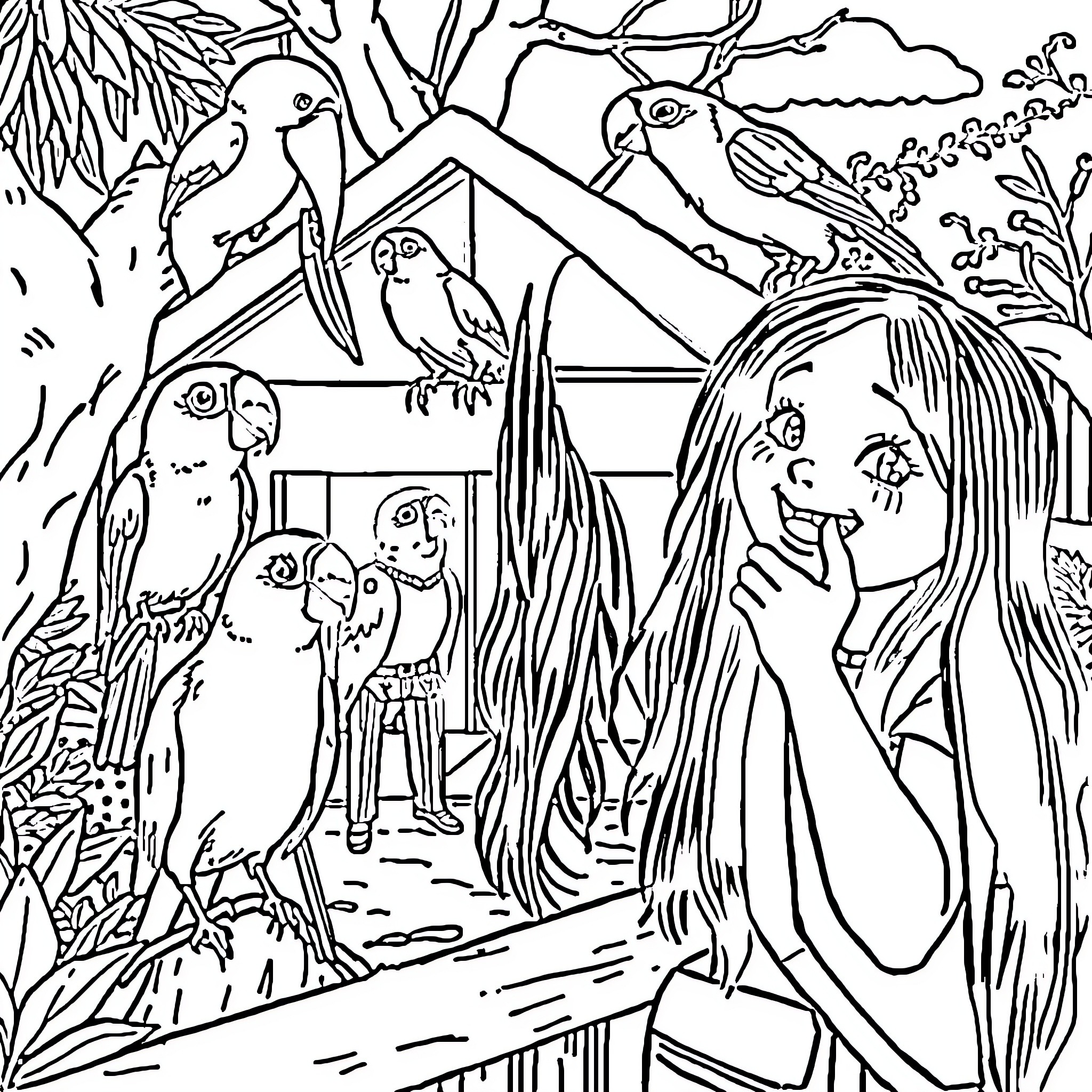 Billie Eilish relaxing in a tropical forest Coloring Page (free black-and-white line drawing printable PDF for all, from beginners to advanced learners, including children, teens, adults, and seniors)