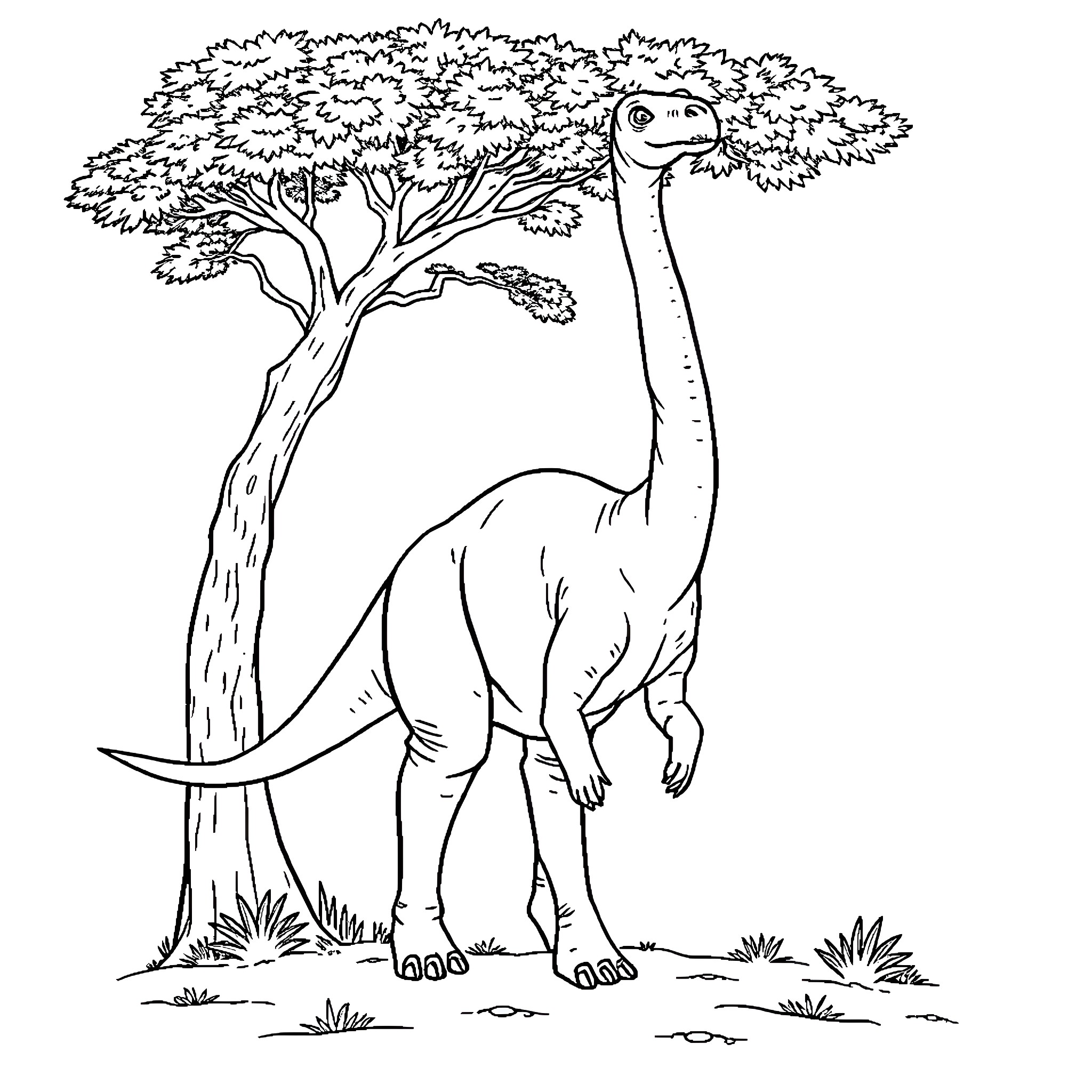 Brachiosaurus exploring lush forest habitat Coloring Page (free black-and-white line drawing printable PDF for all, from beginners to advanced learners, including children, teens, adults, and seniors)