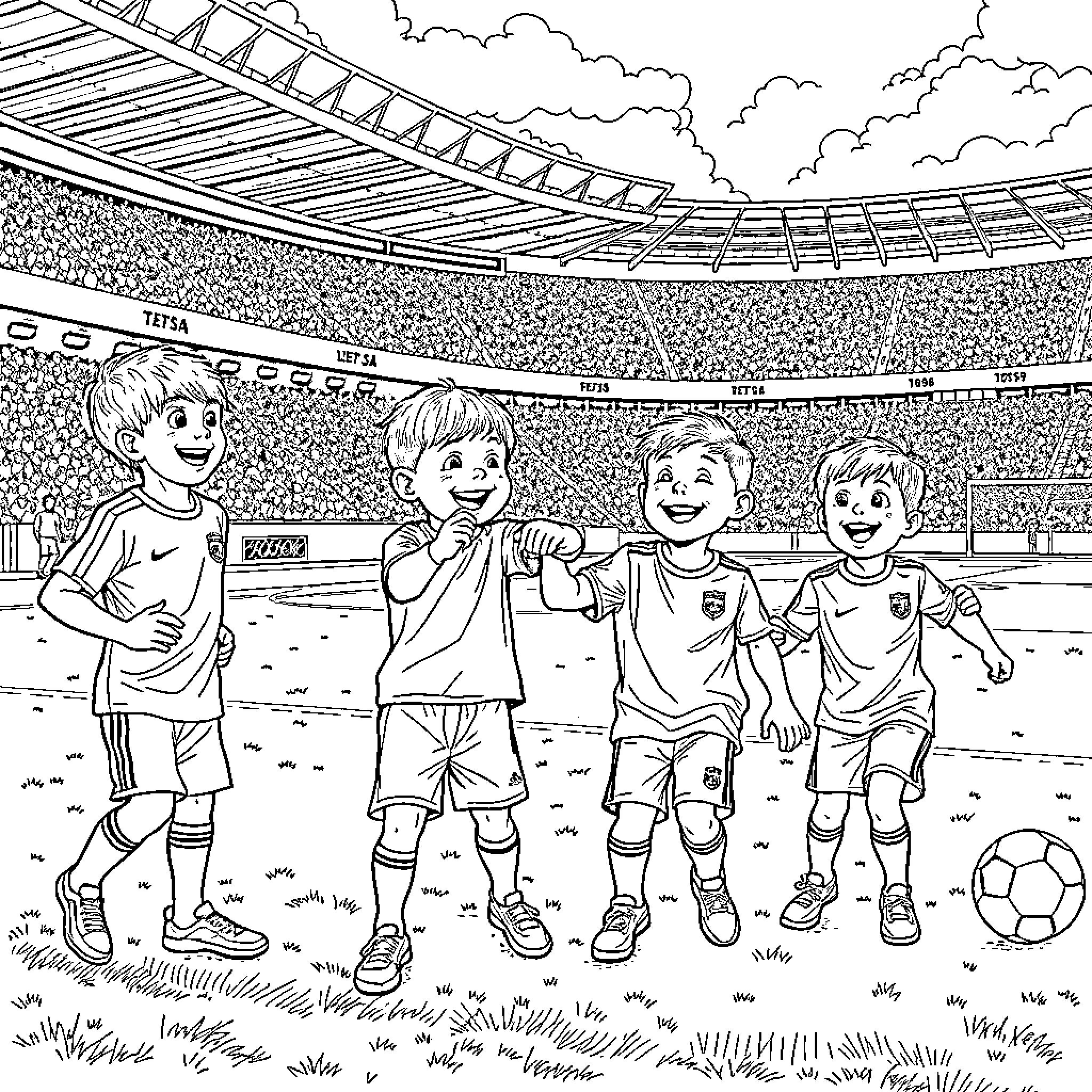 Child soccer players celebrating on field Coloring Page (free black-and-white line drawing printable PDF for all, from beginners to advanced learners, including children, teens, adults, and seniors)