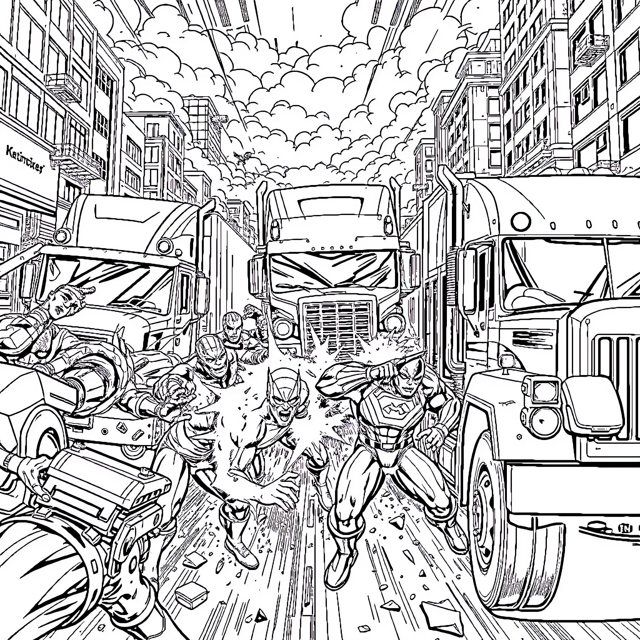 Superhero Action in the City Streets Coloring Page (free black-and-white line drawing printable PDF for all, from beginners to advanced learners, including children, teens, adults, and seniors)