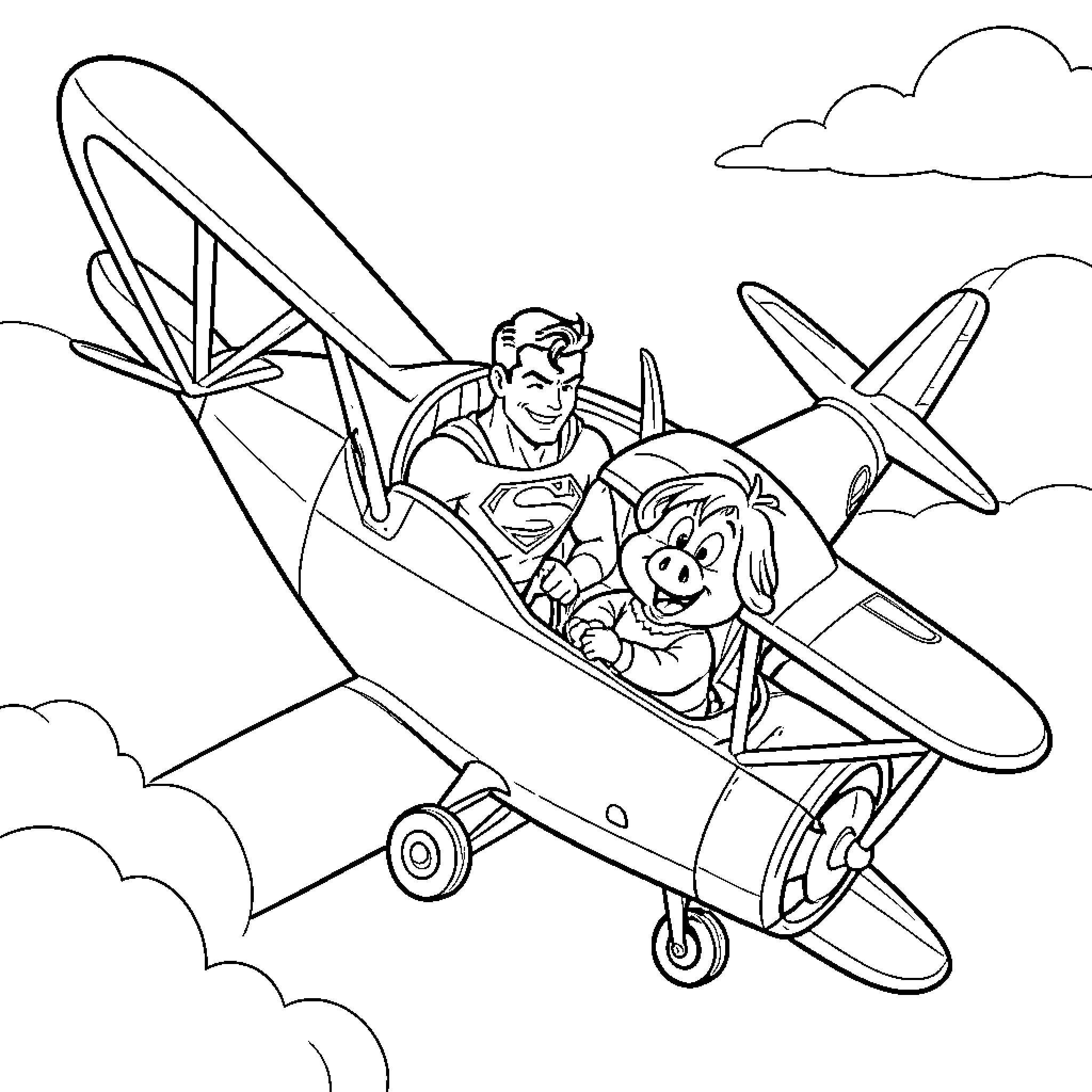 Superman flies an old-fashioned biplane with a pet Coloring Page (free black-and-white line drawing printable PDF for all, from beginners to advanced learners, including children, teens, adults, and seniors)