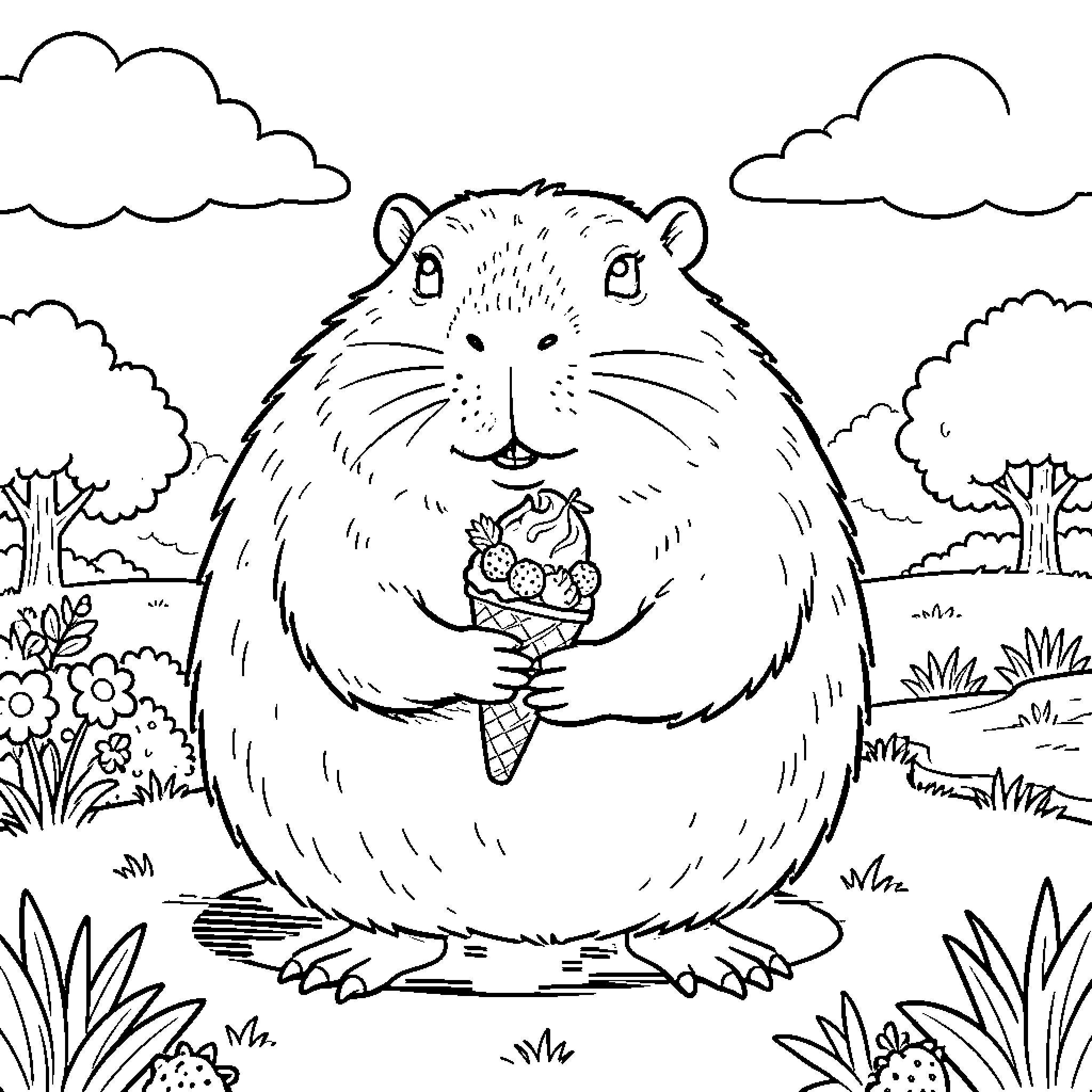 Capybara enjoying a tasty treat in the outdoors Coloring Page (free black-and-white line drawing printable PDF for all, from beginners to advanced learners, including children, teens, adults, and seniors)