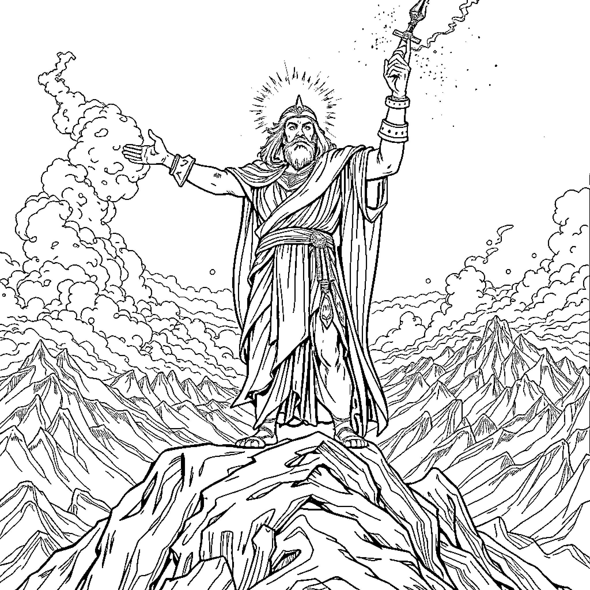 Matthew Mercer as Mighty Wizard on Mountaintop Coloring Page (free black-and-white line drawing printable PDF for all, from beginners to advanced learners, including children, teens, adults, and seniors)
