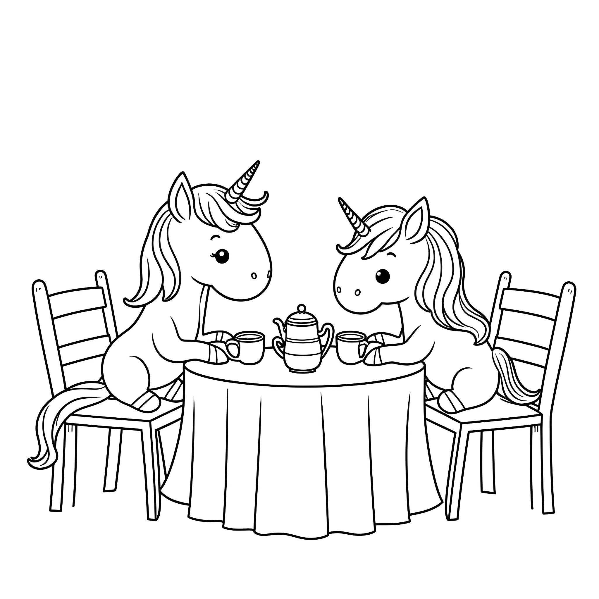 Unicorns enjoying tea party in whimsical setting Coloring Page (free black-and-white line drawing printable PDF for all, from beginners to advanced learners, including children, teens, adults, and seniors)