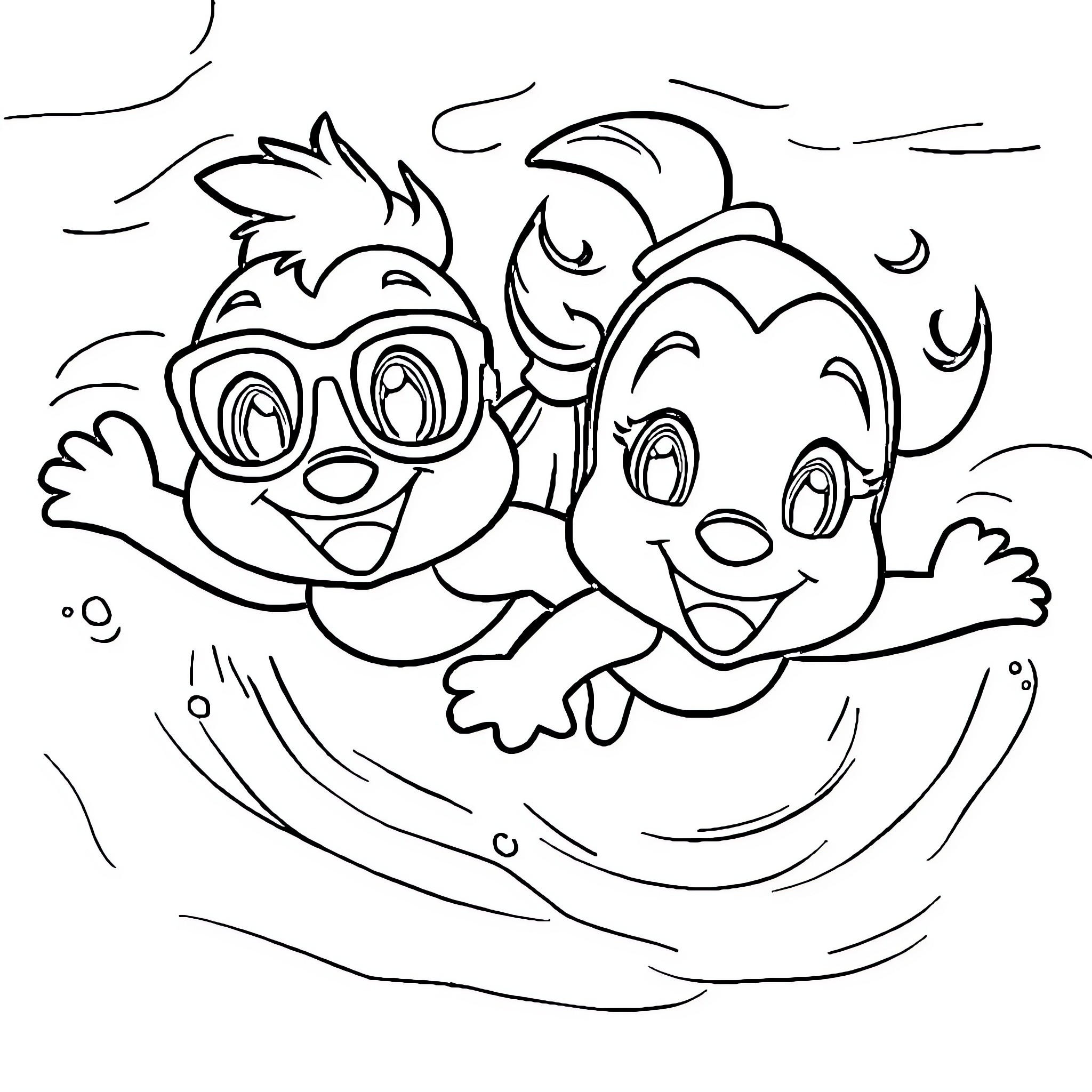 Bluey and friends swimming and playing in the water Coloring Page (free black-and-white line drawing printable PDF for all, from beginners to advanced learners, including children, teens, adults, and seniors)