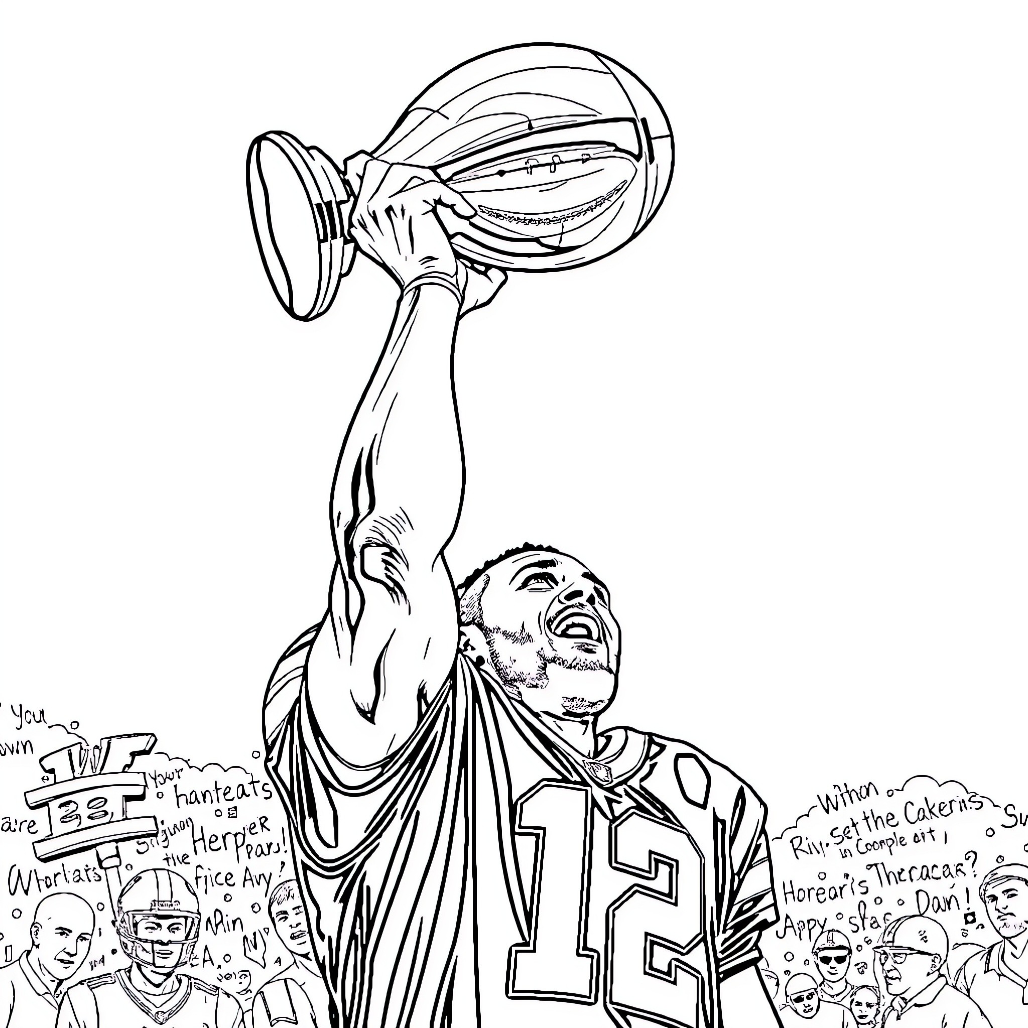 Jordan Love Celebrating Victory with Trophy Coloring Page (free black-and-white line drawing printable PDF for all, from beginners to advanced learners, including children, teens, adults, and seniors)
