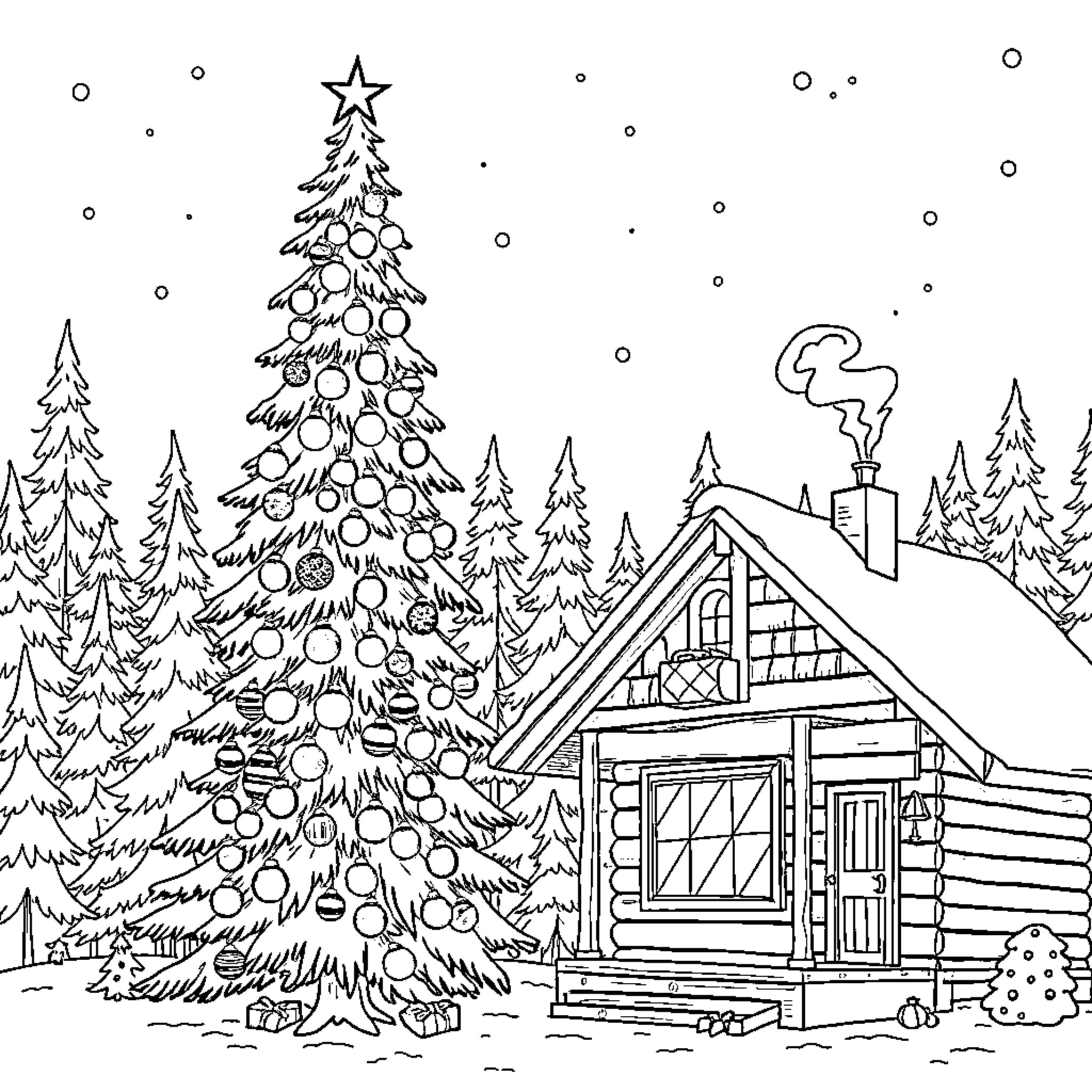 Christmas Tree decorated in the snowy forest Coloring Page (free black-and-white line drawing printable PDF for all, from beginners to advanced learners, including children, teens, adults, and seniors)