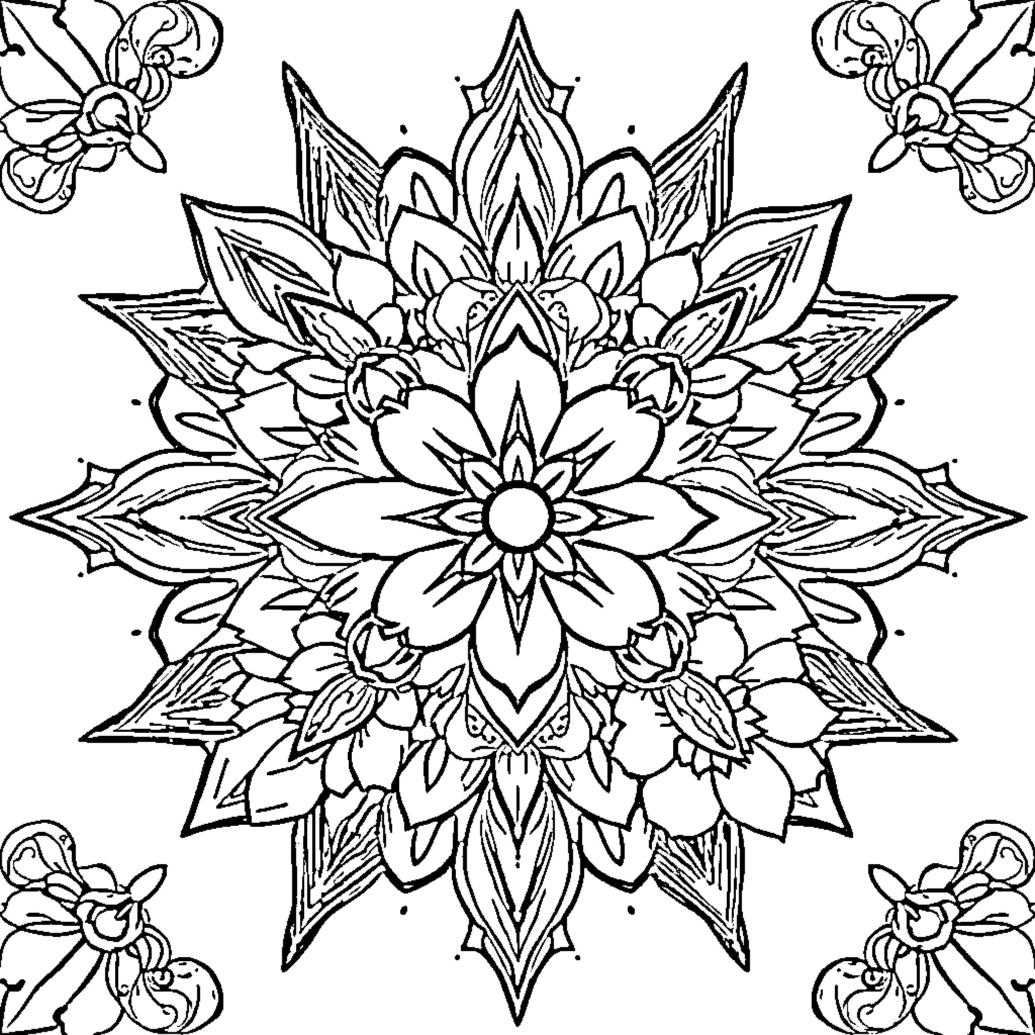 Mandala with intricate floral pattern Coloring Page (free black-and-white line drawing printable PDF for all, from beginners to advanced learners, including children, teens, adults, and seniors)