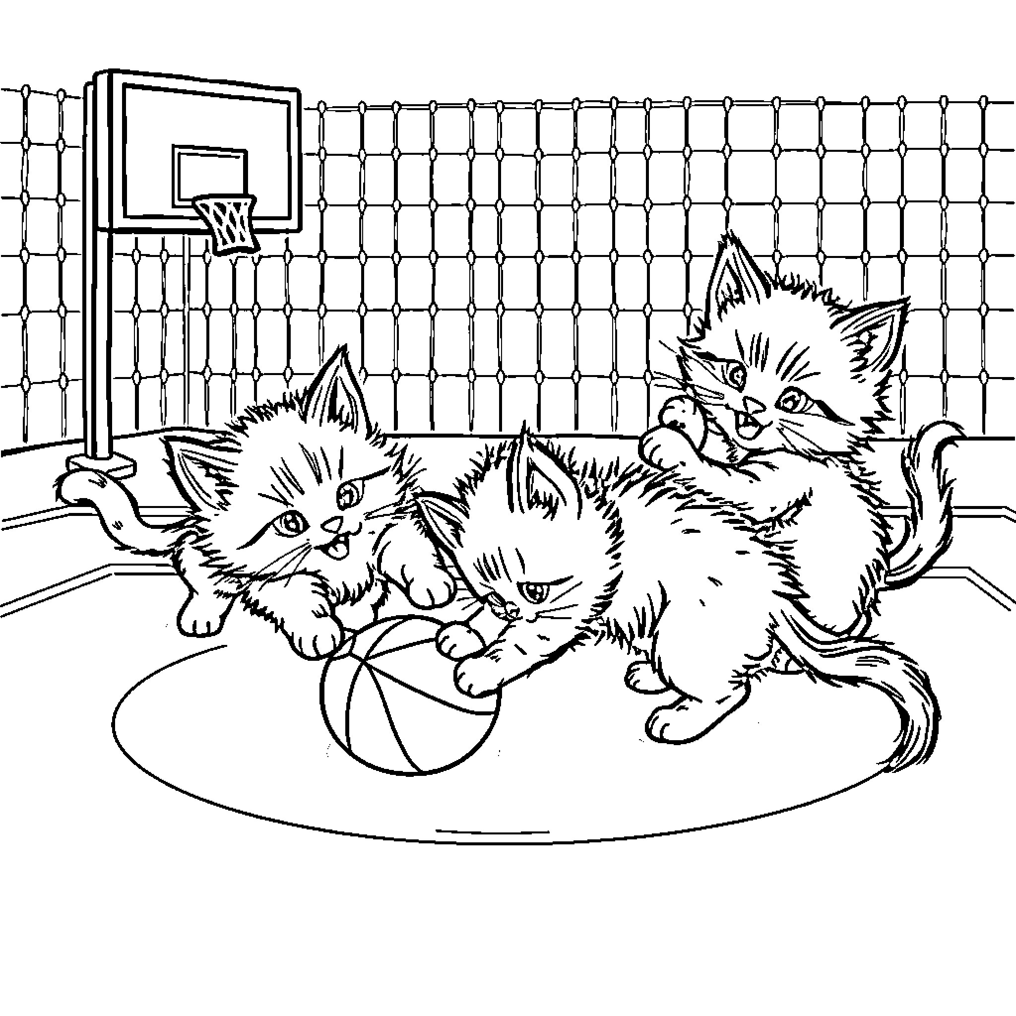 Kittens playing with basketball on court Coloring Page (free black-and-white line drawing printable PDF for all, from beginners to advanced learners, including children, teens, adults, and seniors)