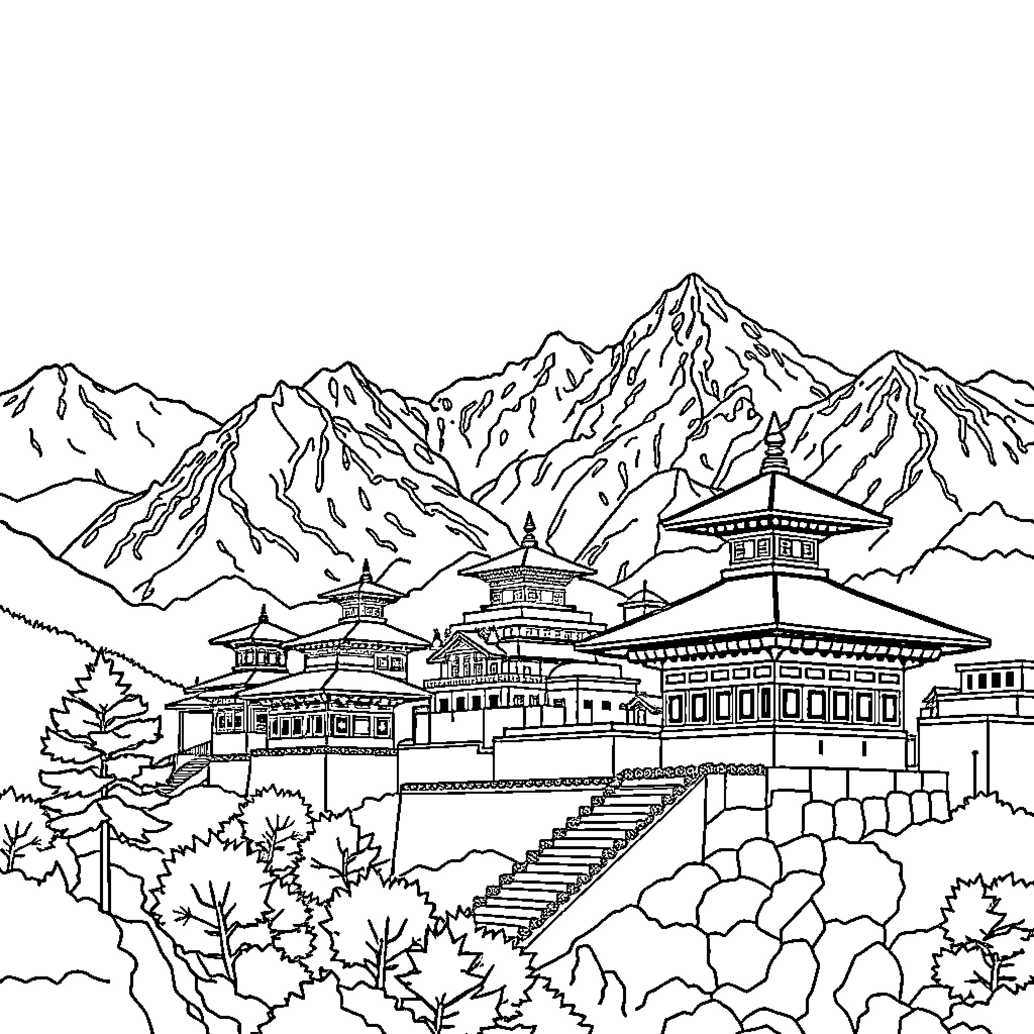 Nepal mountain temple landscape Coloring Page (free black-and-white line drawing printable PDF for all, from beginners to advanced learners, including children, teens, adults, and seniors)
