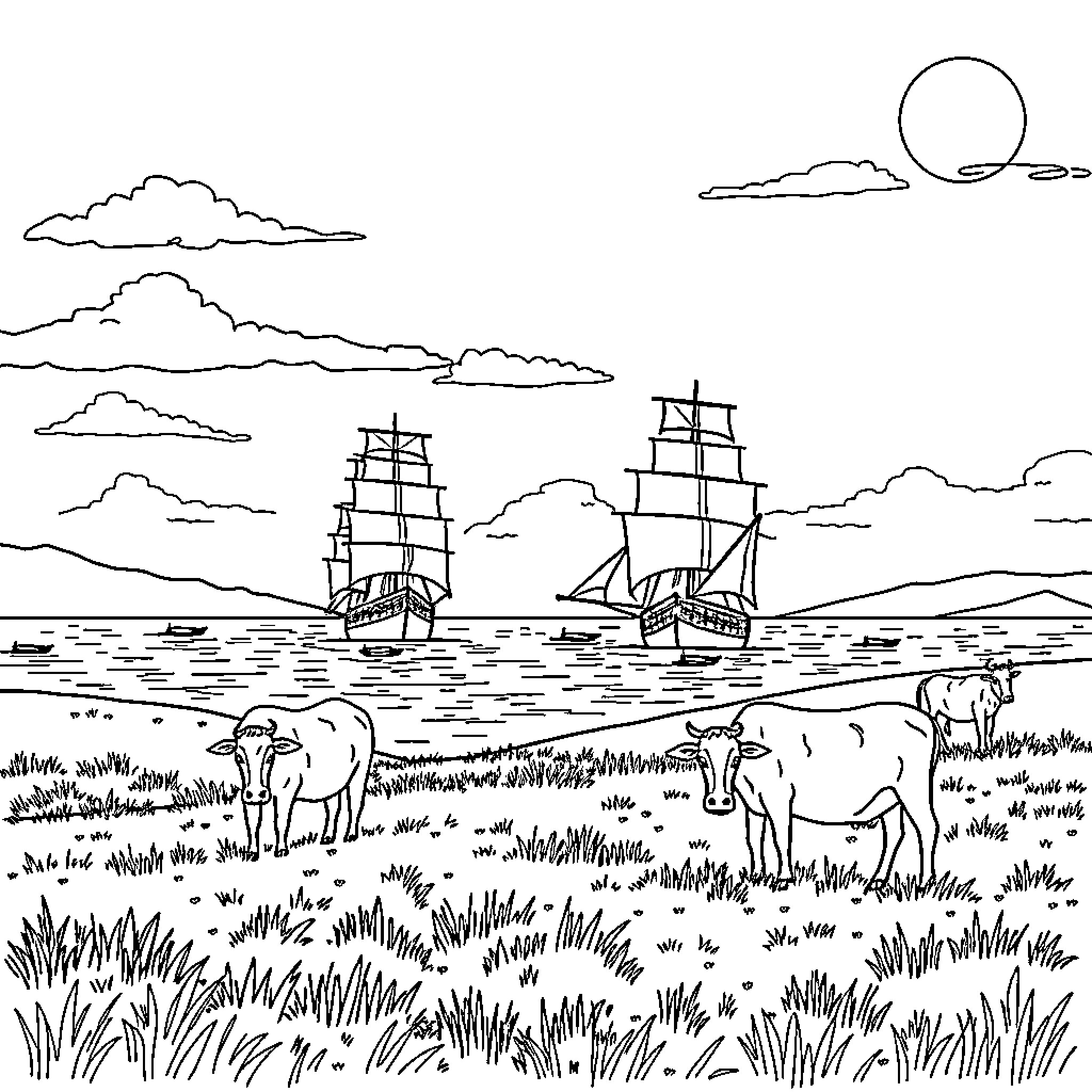 Ship Sailing on the Horizon with Animals in Foreground Coloring Page (free black-and-white line drawing printable PDF for all, from beginners to advanced learners, including children, teens, adults, and seniors)