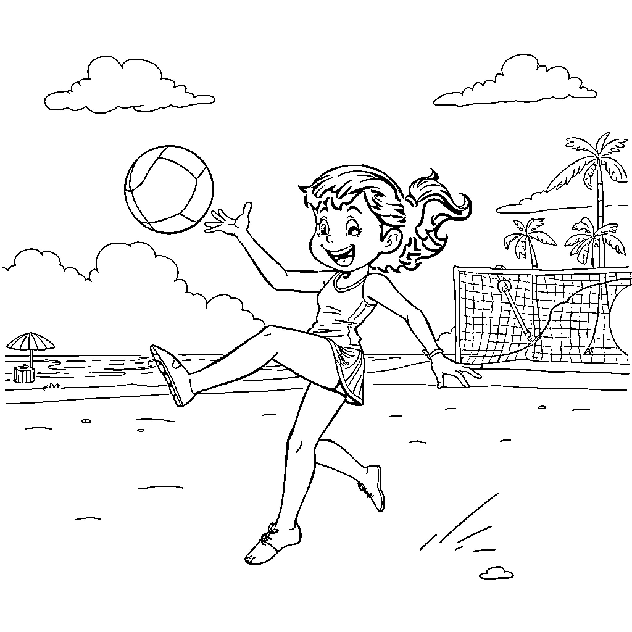 Caperucita playing volleyball on the beach Coloring Page (free black-and-white line drawing printable PDF for all, from beginners to advanced learners, including children, teens, adults, and seniors)