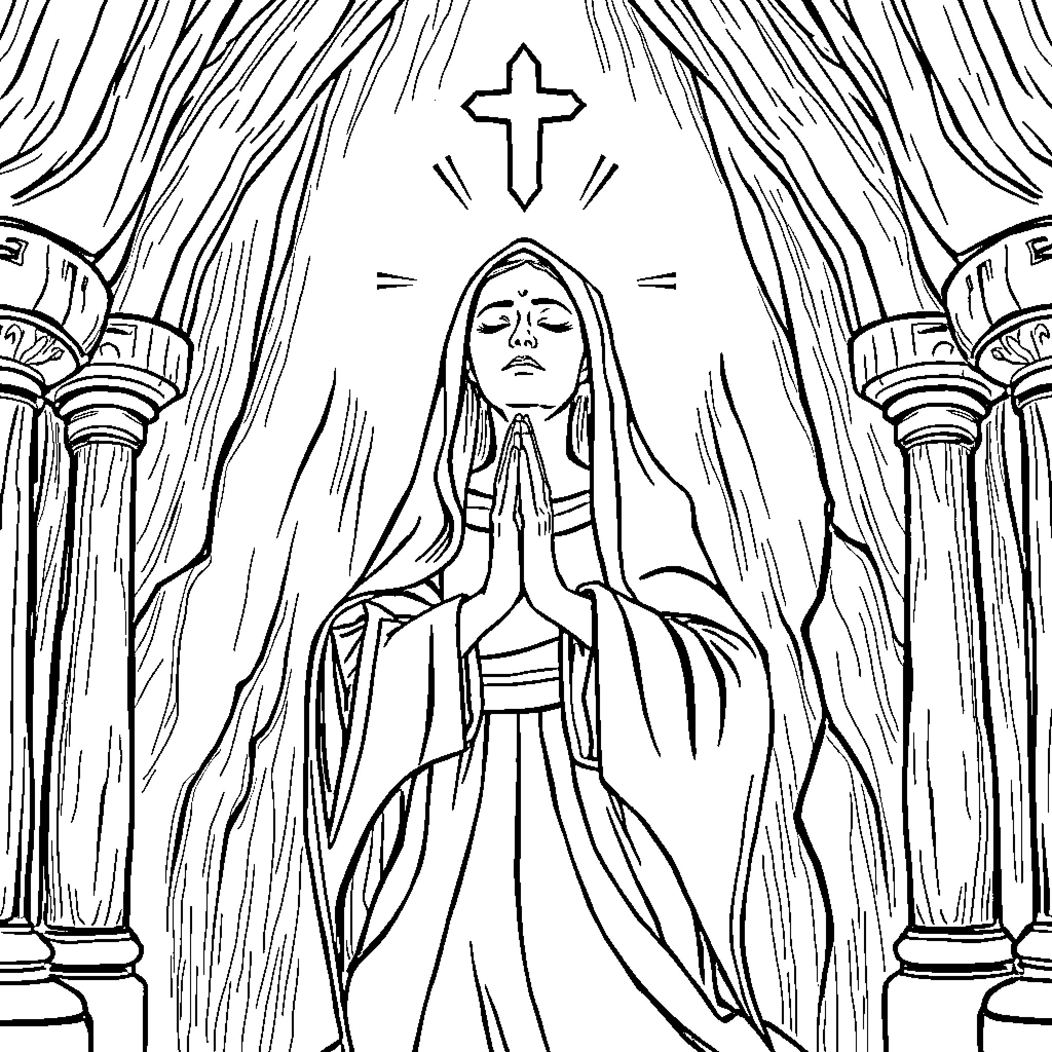 Monk in prayer before the cross Coloring Page (free black-and-white line drawing printable PDF for all, from beginners to advanced learners, including children, teens, adults, and seniors)